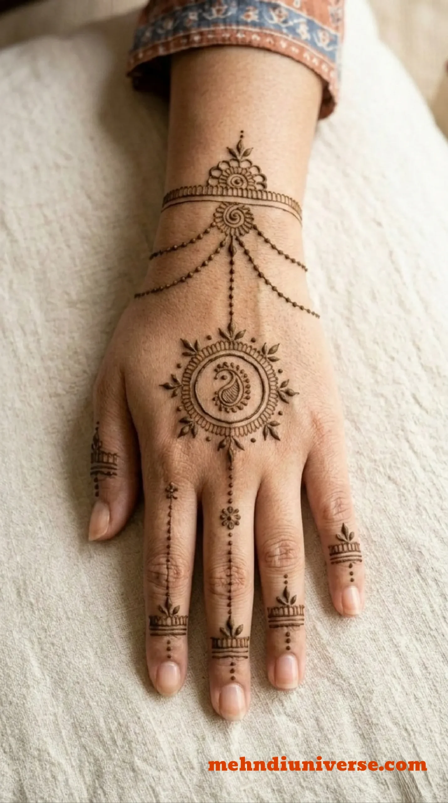 Simple mehndi design with paisley cascade chain pattern on wedding back hands 16 v2