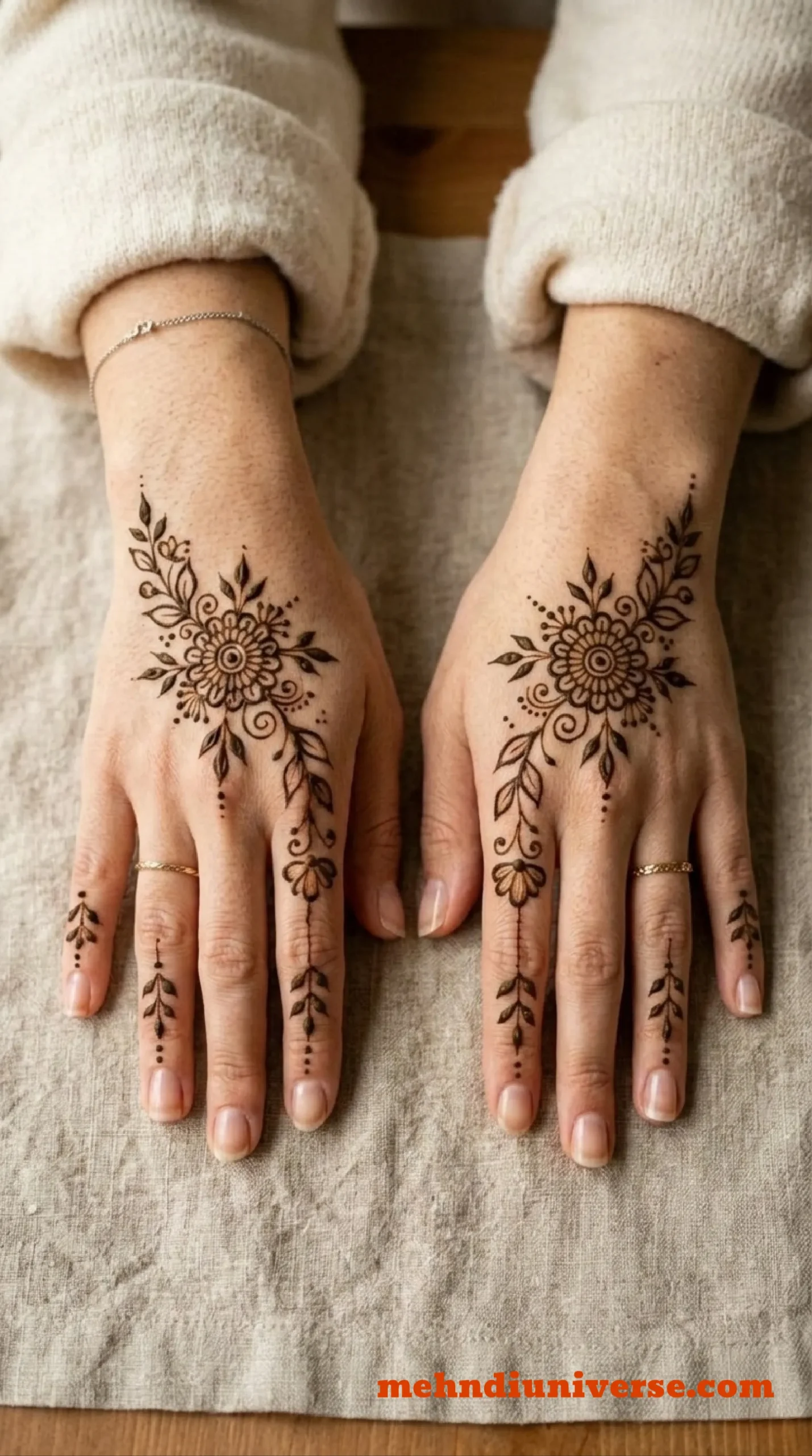 Simple radiant mehndi design with floral vine pattern on back hands 20