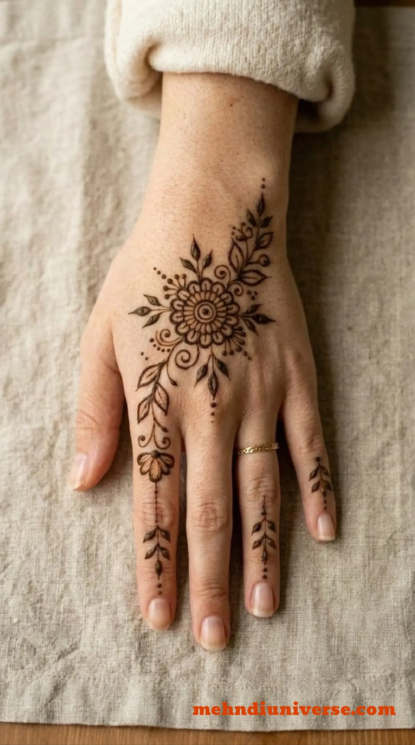 Simple radiant mehndi design with floral vine pattern on back hands 20 v2