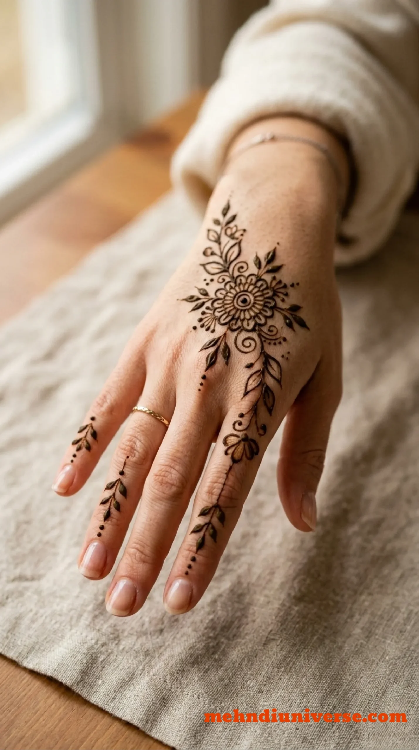 Simple radiant mehndi design with floral vine pattern on back hands 20 v1