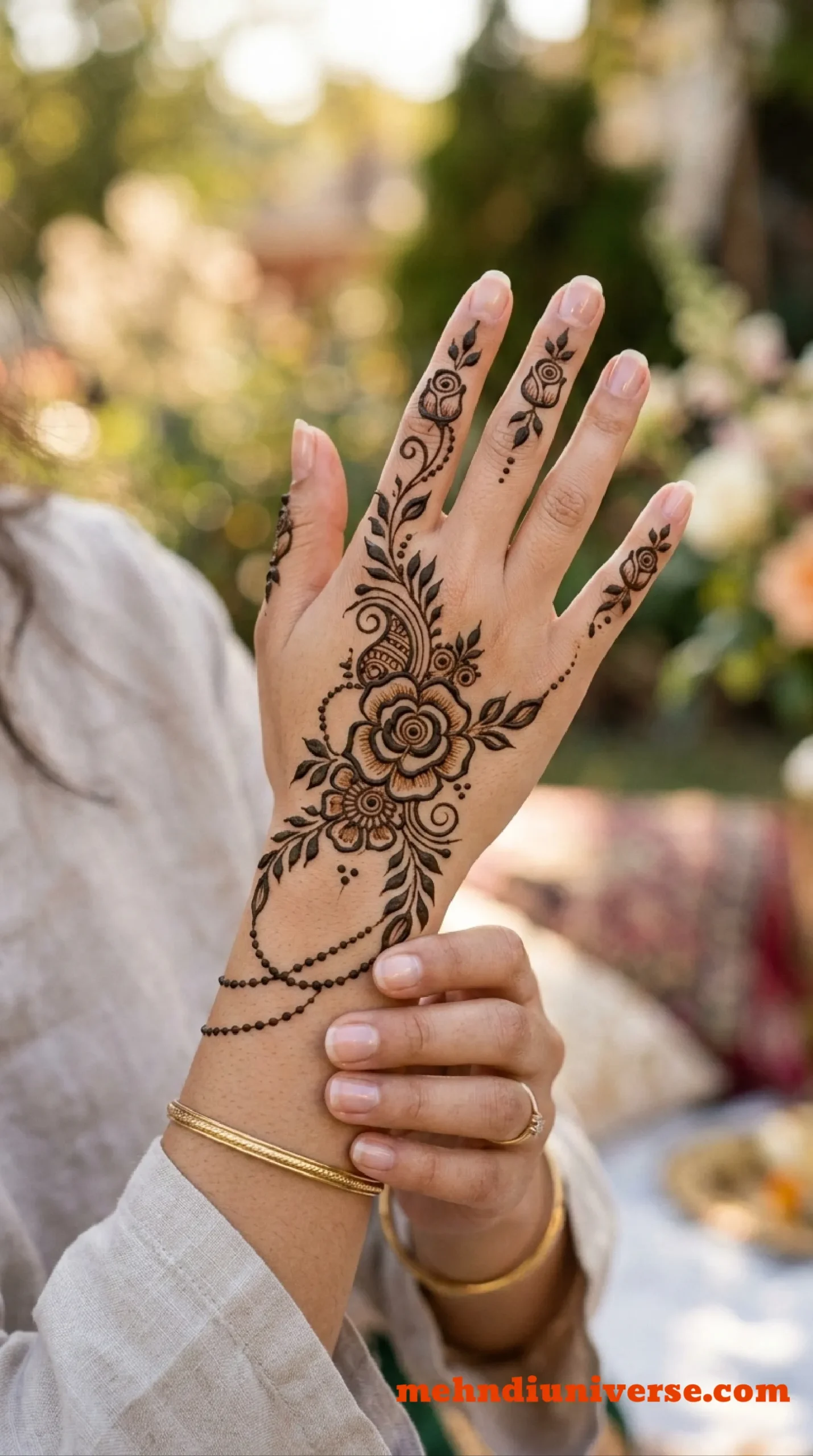 Simple romantic mehndi design with rose bloom pattern on wedding back hands 13