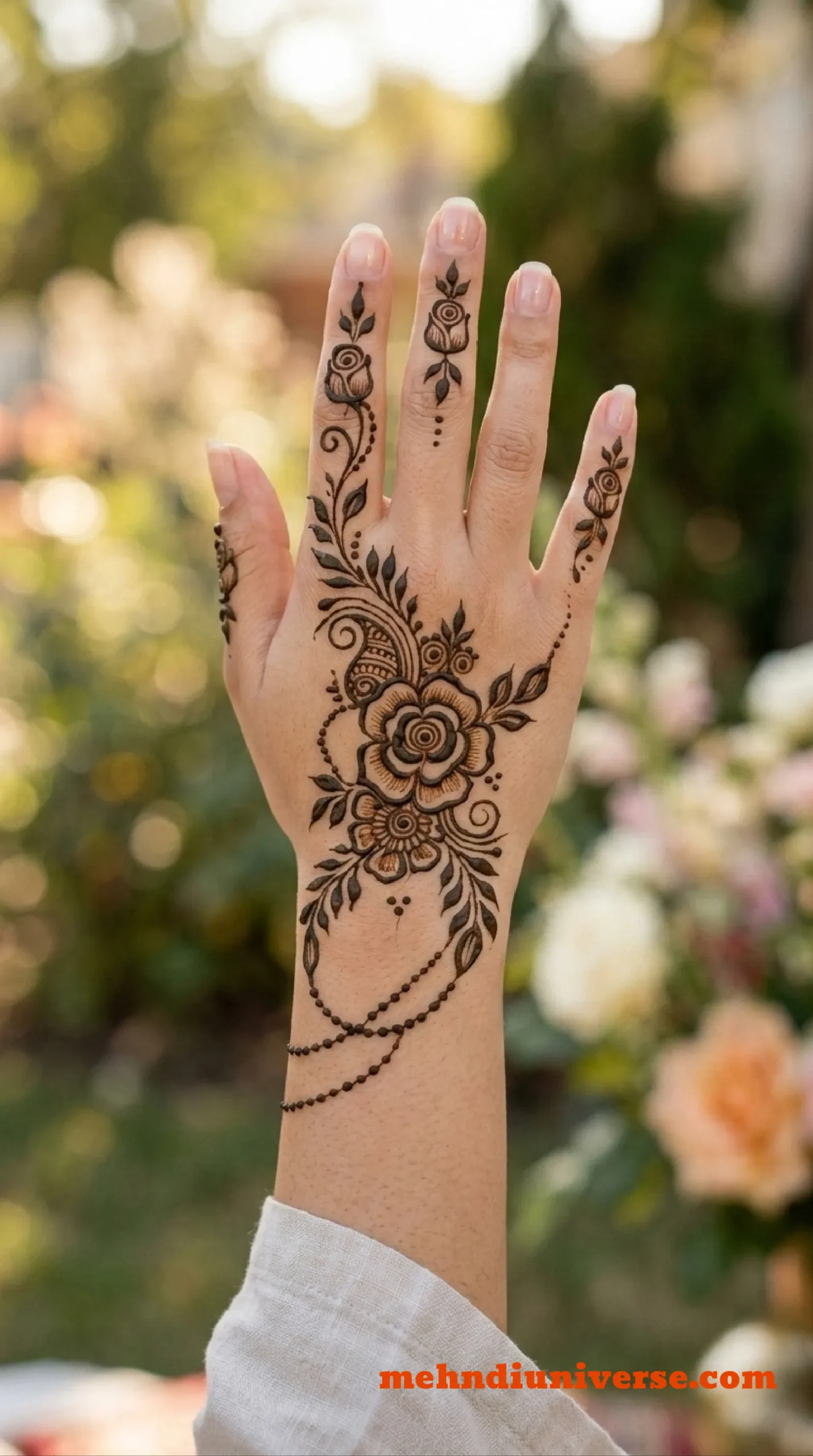 Simple romantic mehndi design with rose bloom pattern on wedding back hands 13 v2