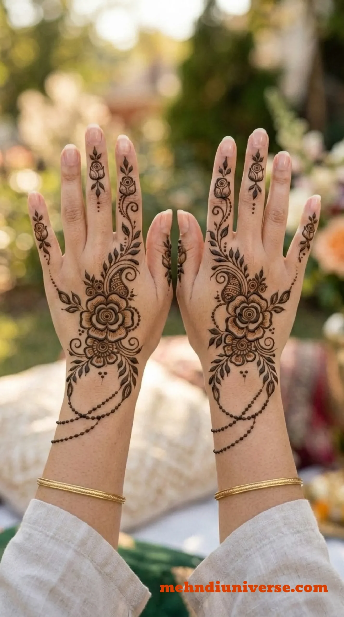 Simple romantic mehndi design with rose bloom pattern on wedding back hands 13 v1