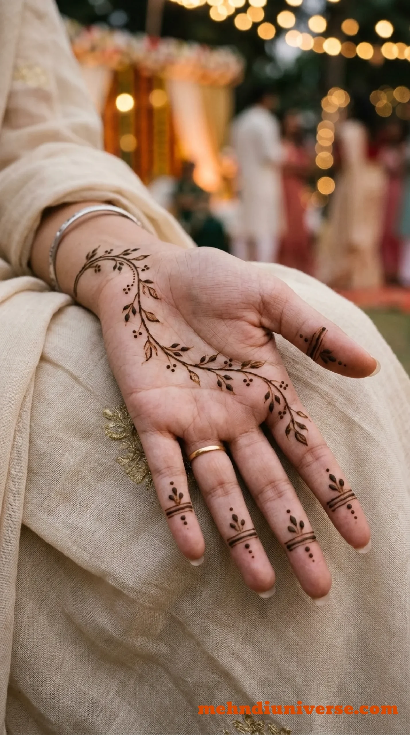 Simple elegant mehndi design with trailing vine pattern on palm and front hand 09 v1