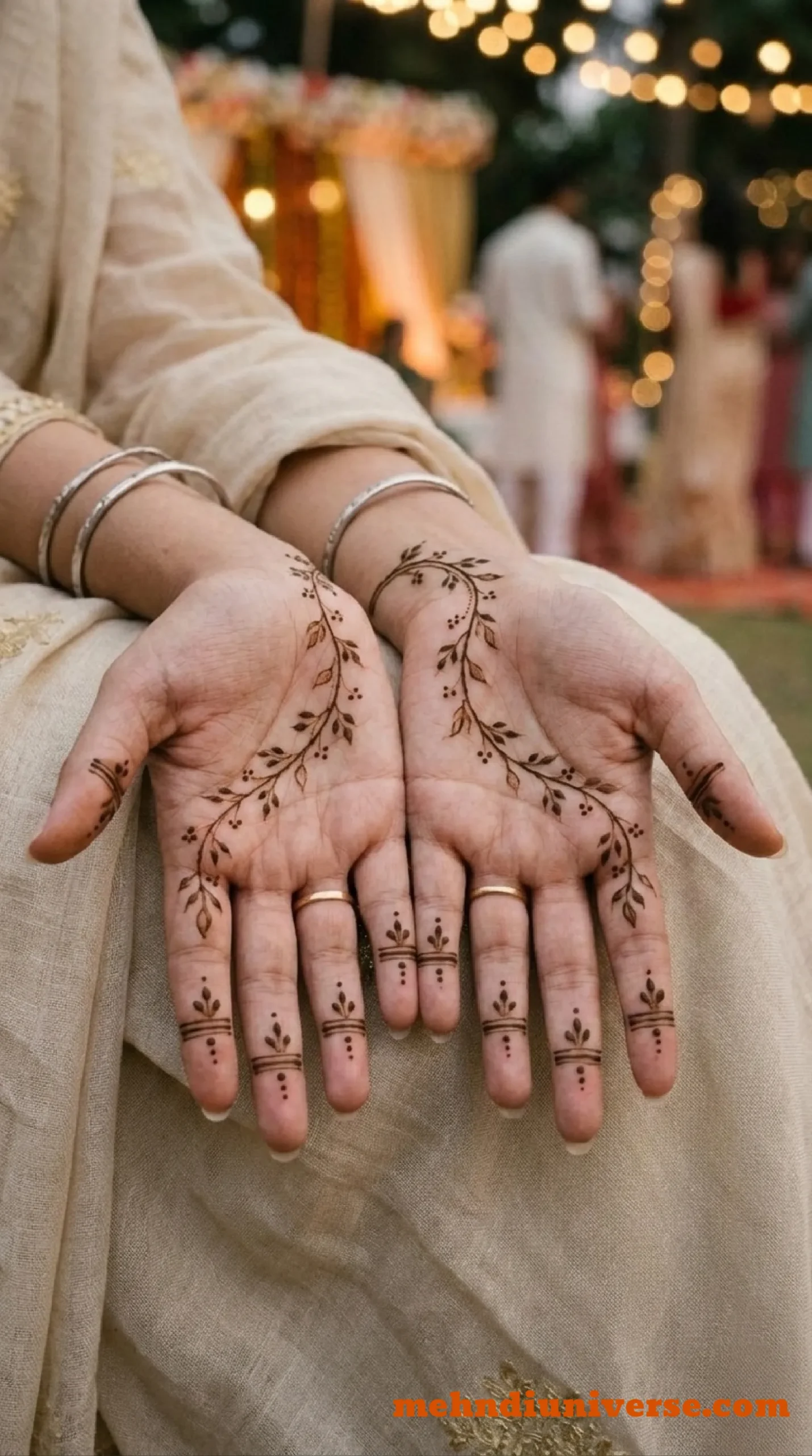 Simple elegant mehndi design with trailing vine pattern on palm and front hand 09