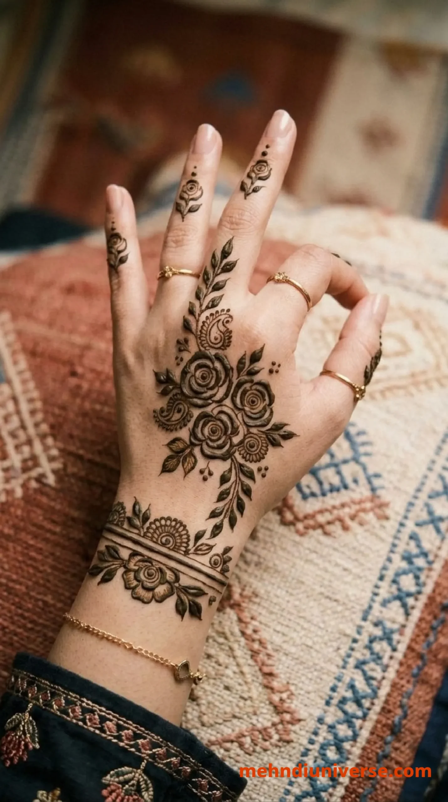 Simple elegant mehndi design with rose bouquet pattern on wedding back hands 33 v2