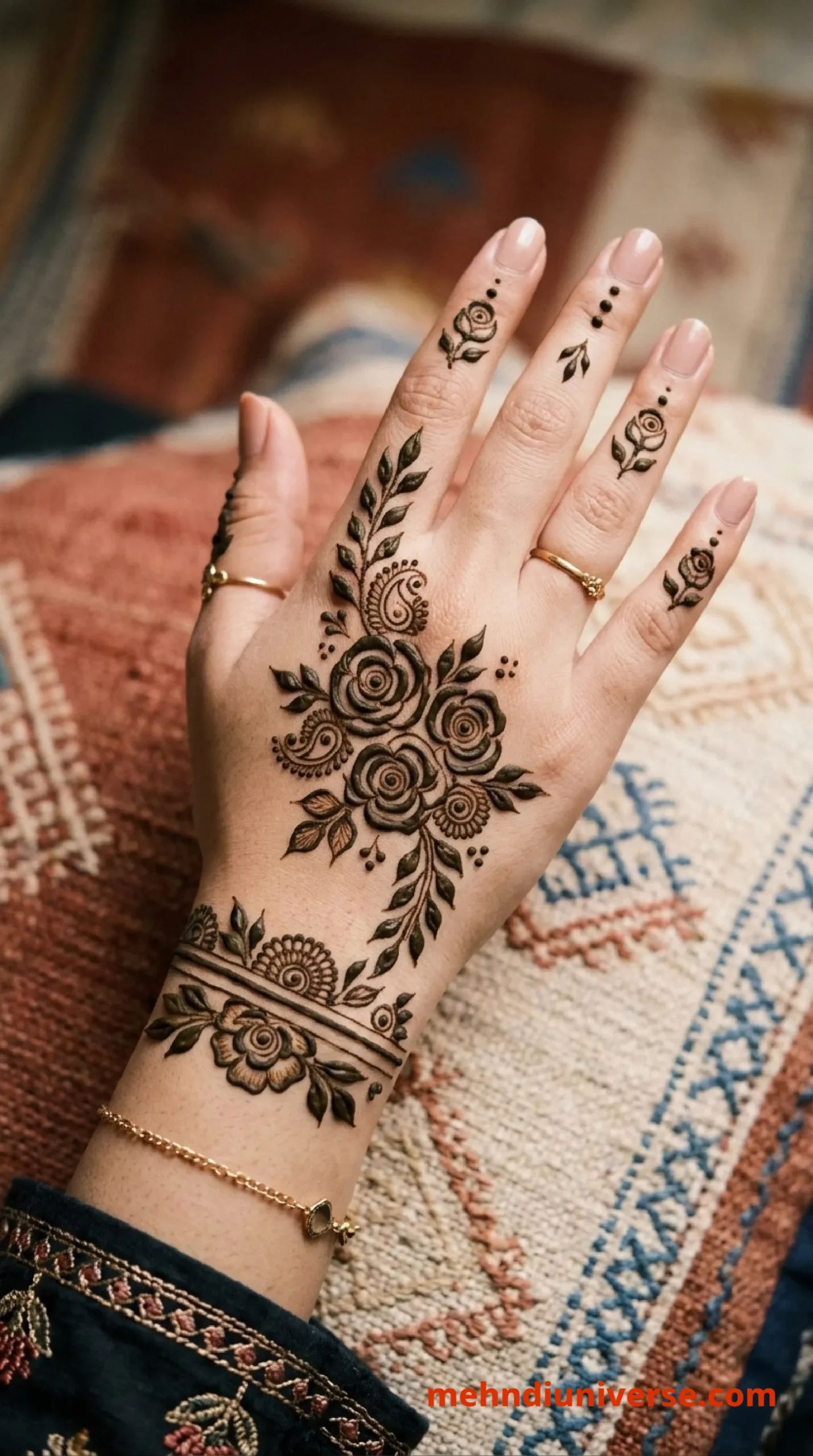 Simple elegant mehndi design with rose bouquet pattern on wedding back hands 33 v1