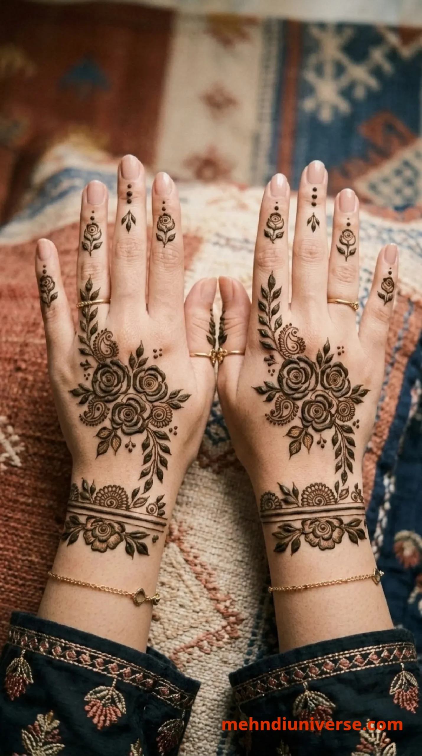 Simple elegant mehndi design with rose bouquet pattern on wedding back hands 33