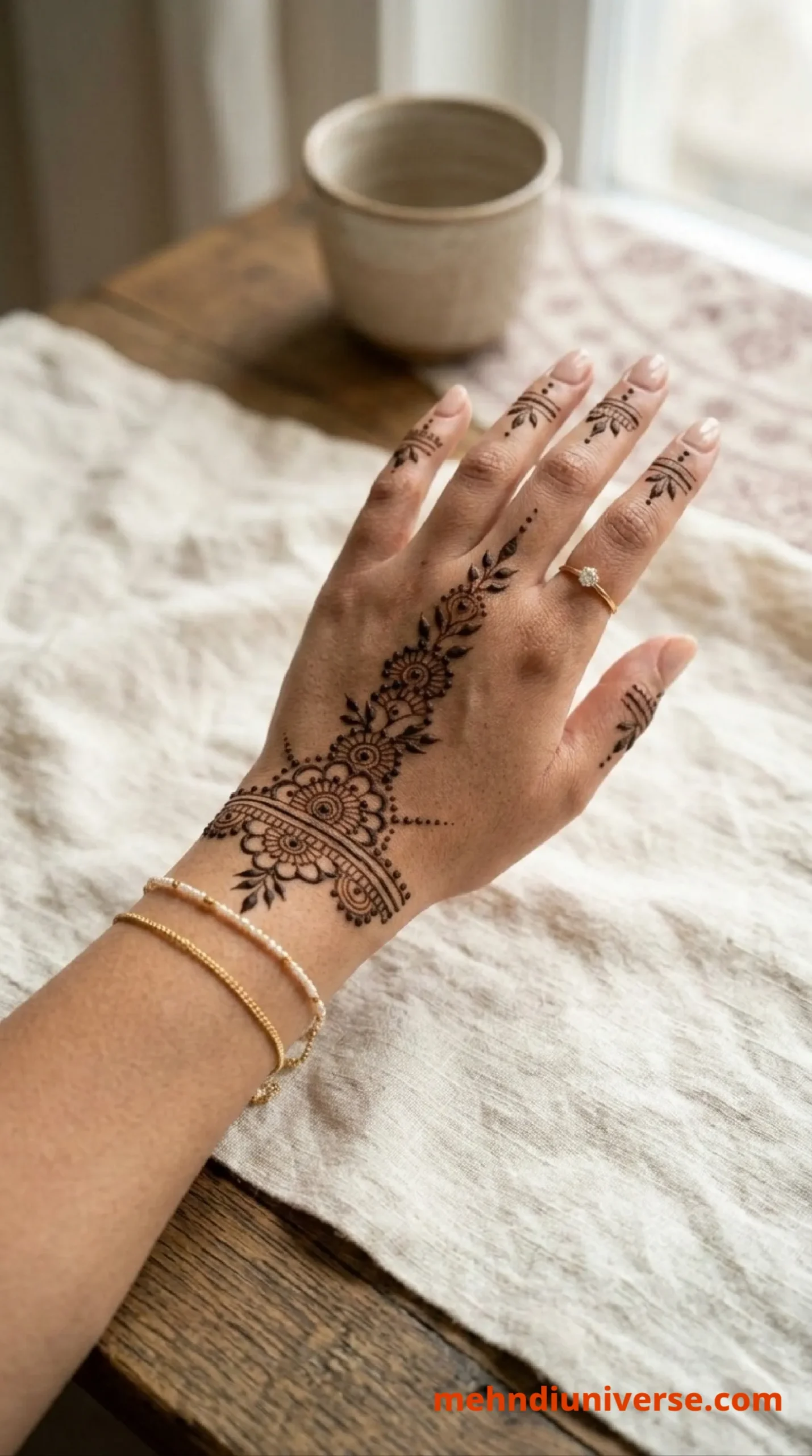 Simple mehndi design with floral chain pattern on wrist and back hands 31 v2