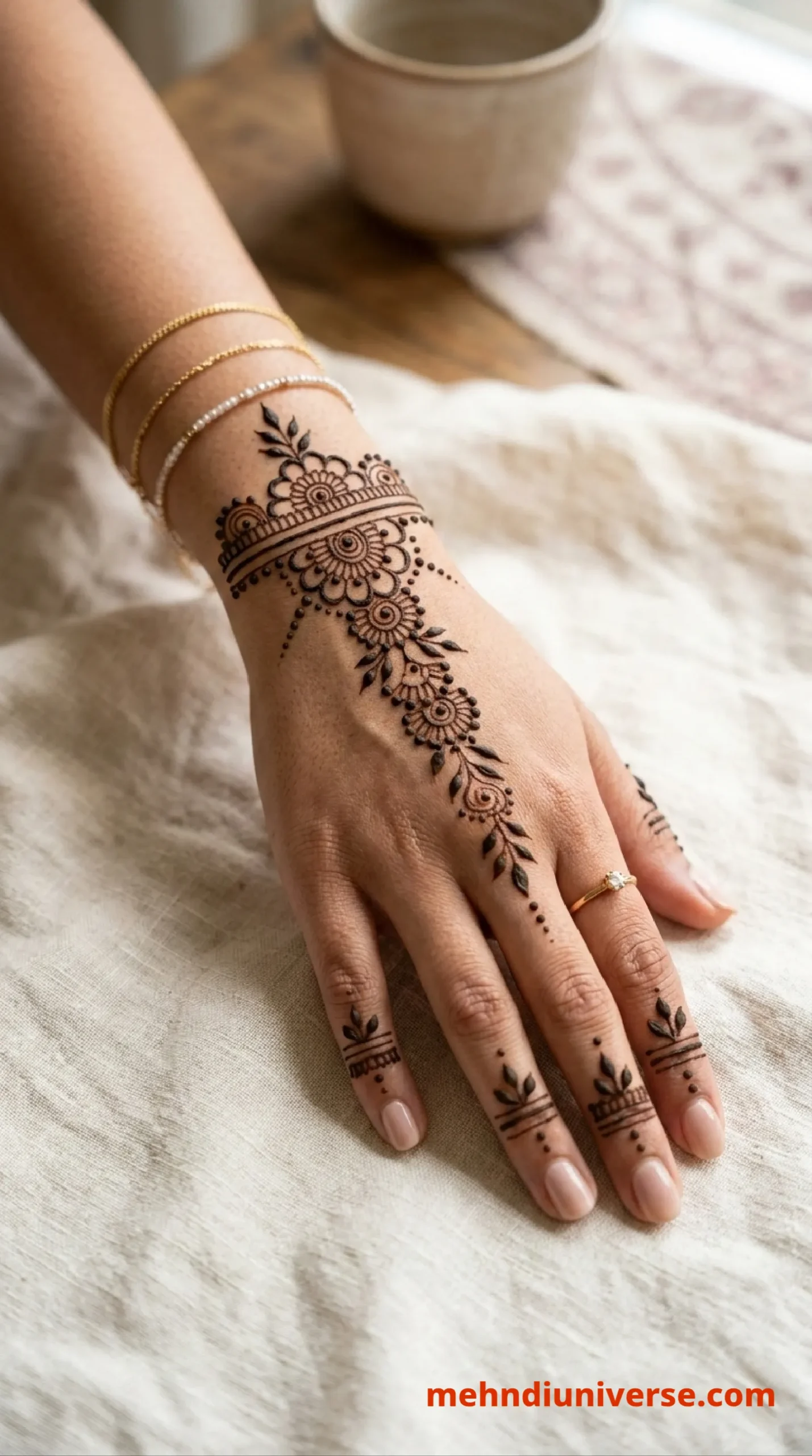 Simple mehndi design with floral chain pattern on wrist and back hands 31 v1
