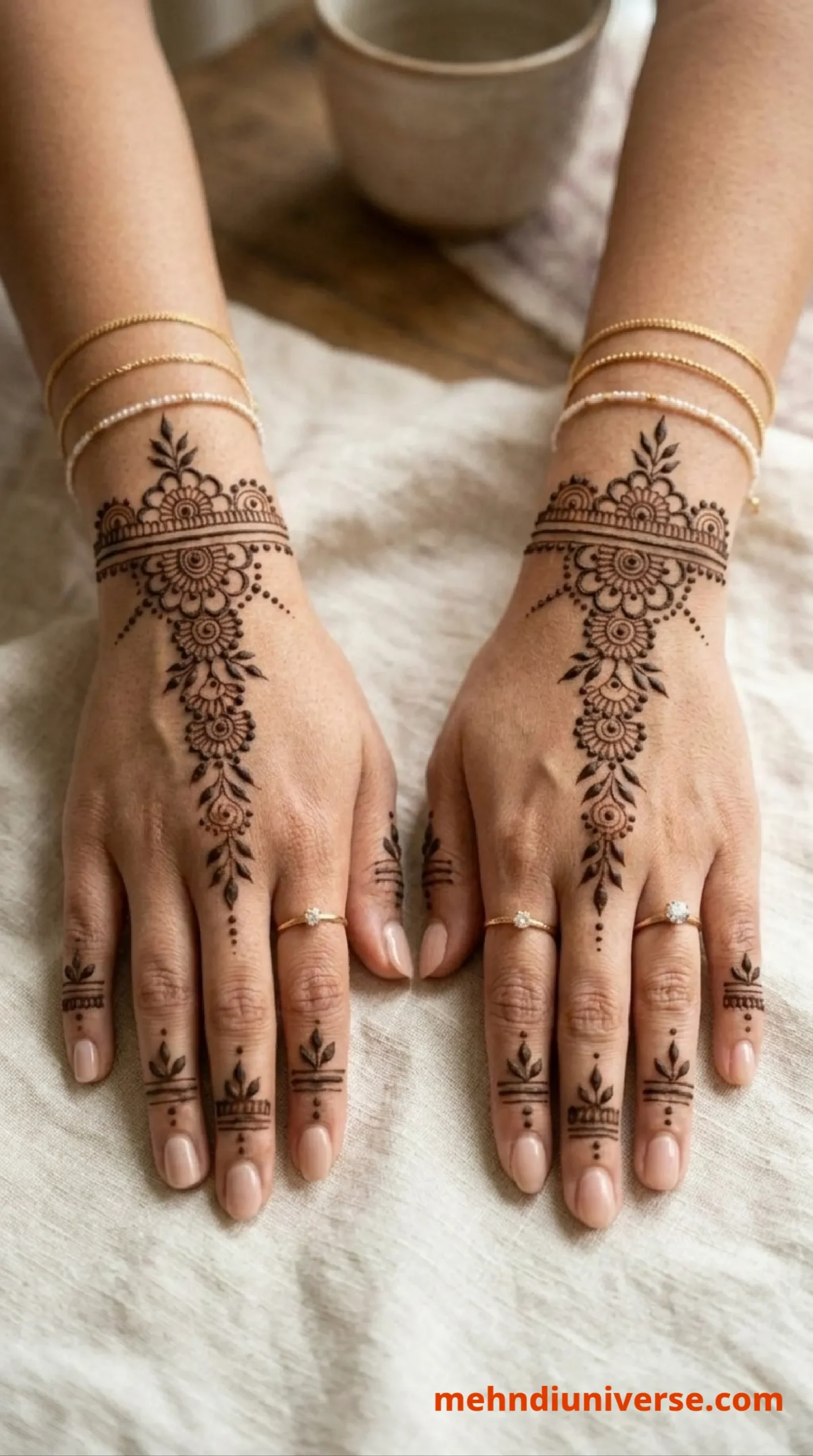 Simple mehndi design with floral chain pattern on wrist and back hands 31