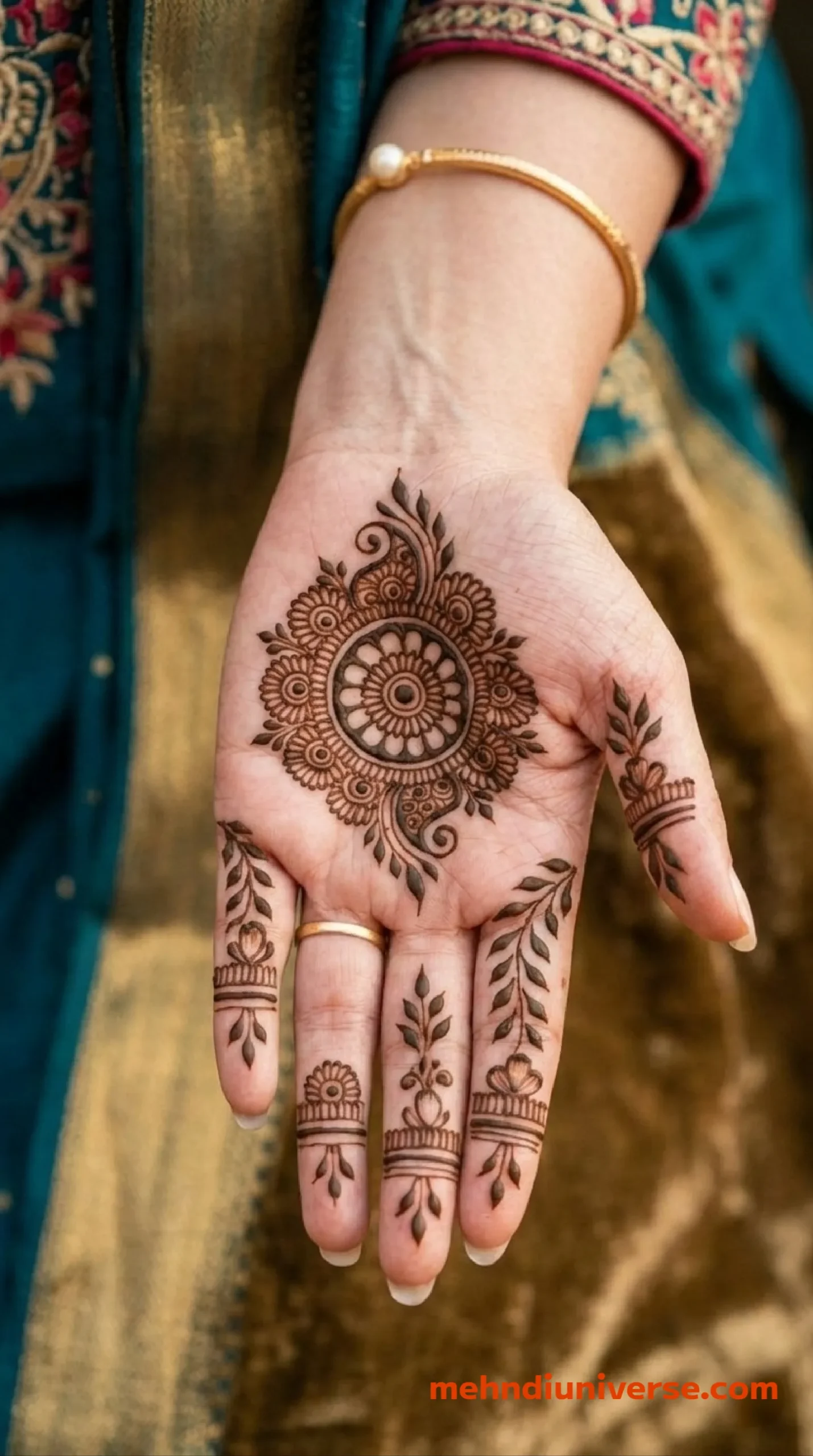 Simple classic mehndi design with floral mandala pattern on front hand 22 v2