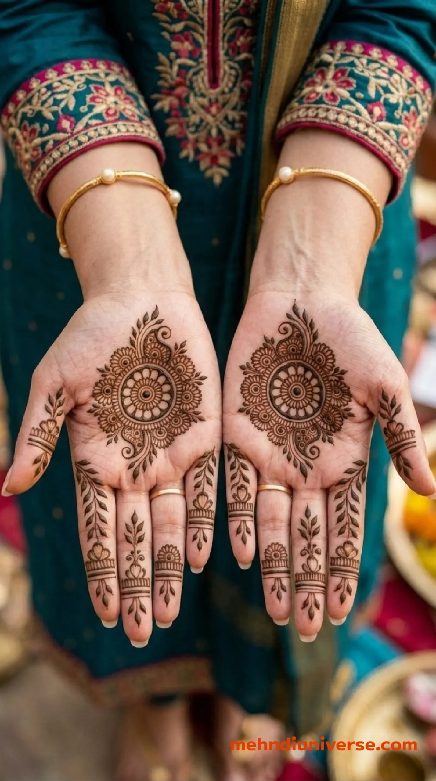 Simple classic mehndi design with floral mandala pattern on front hand 22