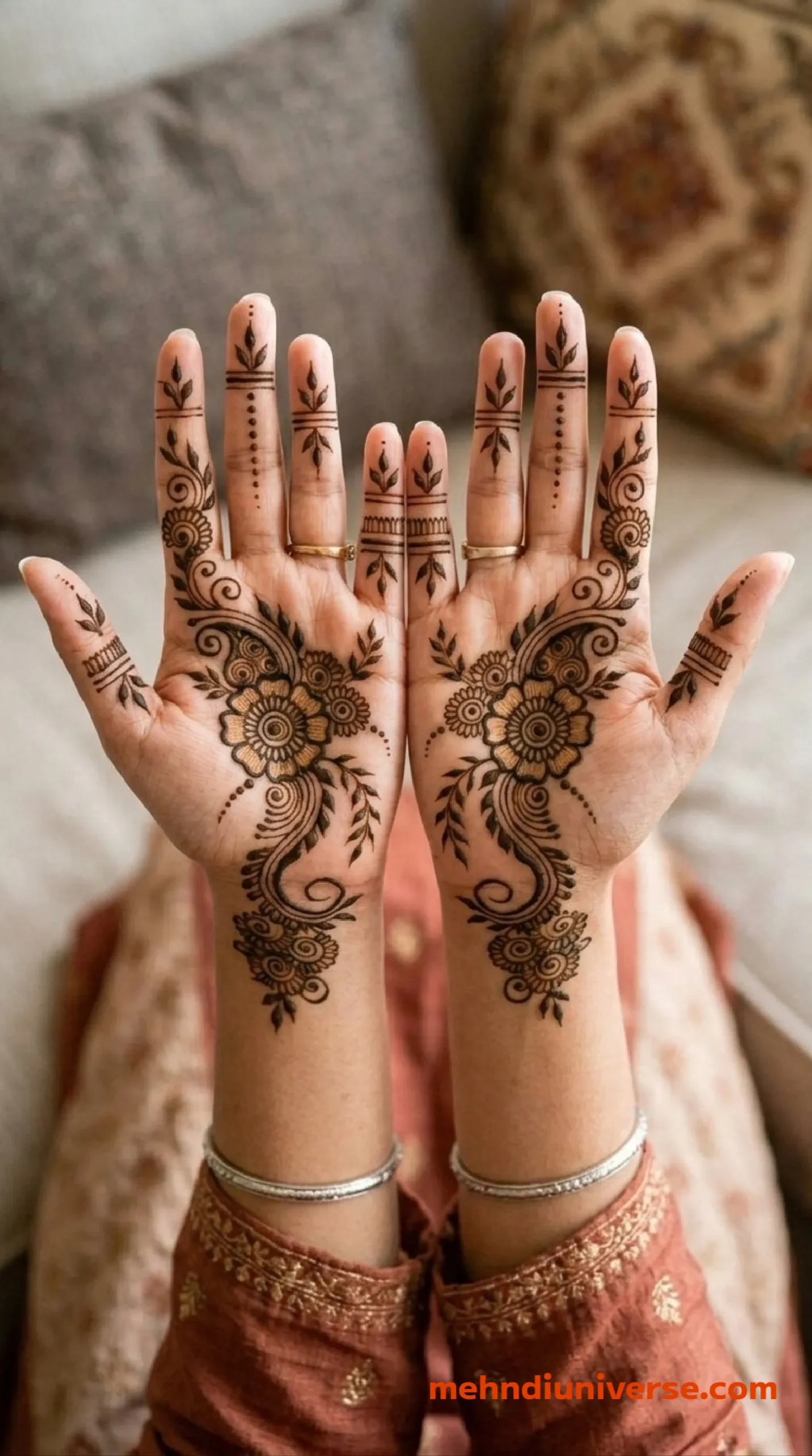 Simple timeless mehndi design with floral paisley pattern on front hands 28 v1