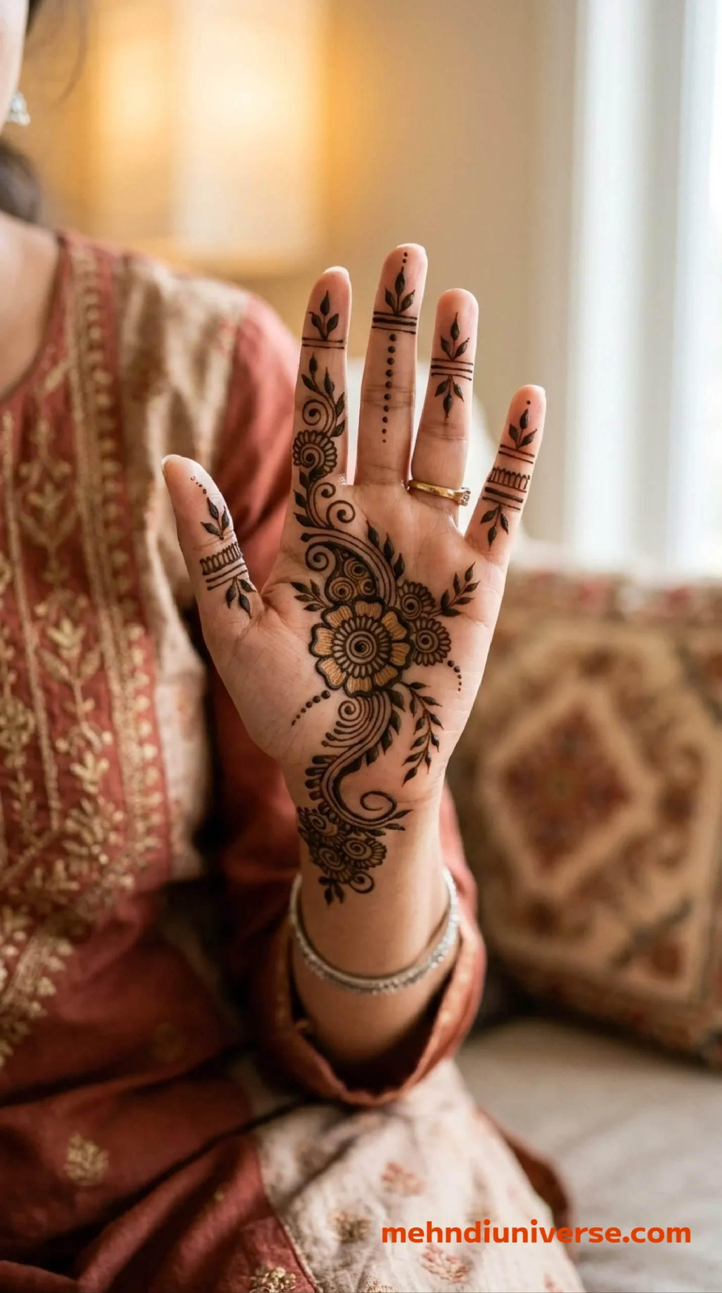 Simple timeless mehndi design with floral paisley pattern on front hands 28