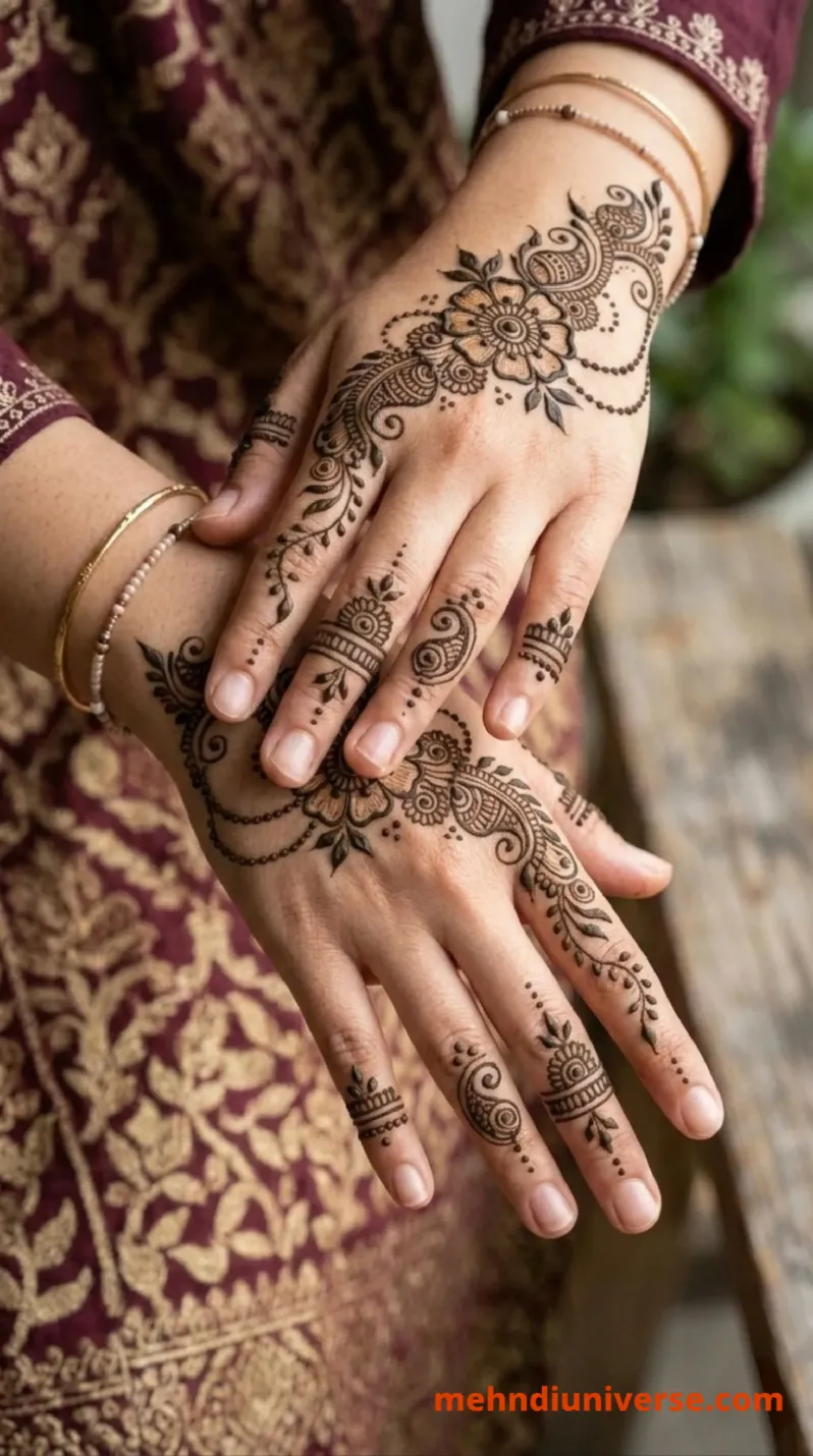 Simple intricate mehndi design with floral paisley pattern on hands 36 v1