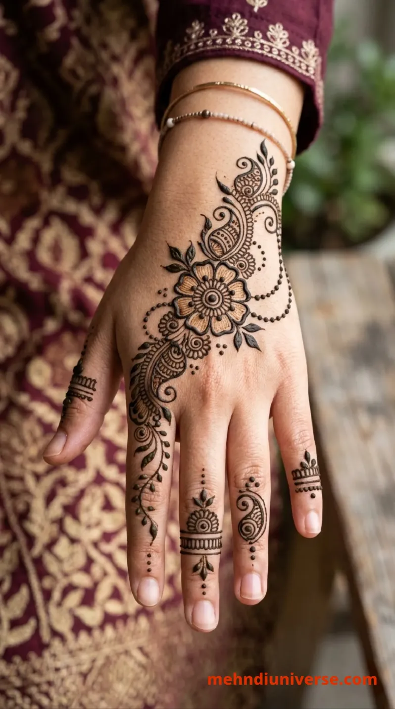 Simple intricate mehndi design with floral paisley pattern on hands 36 v2