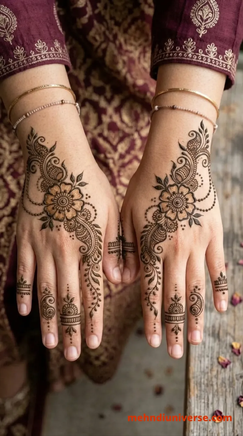 Simple intricate mehndi design with floral paisley pattern on hands 36