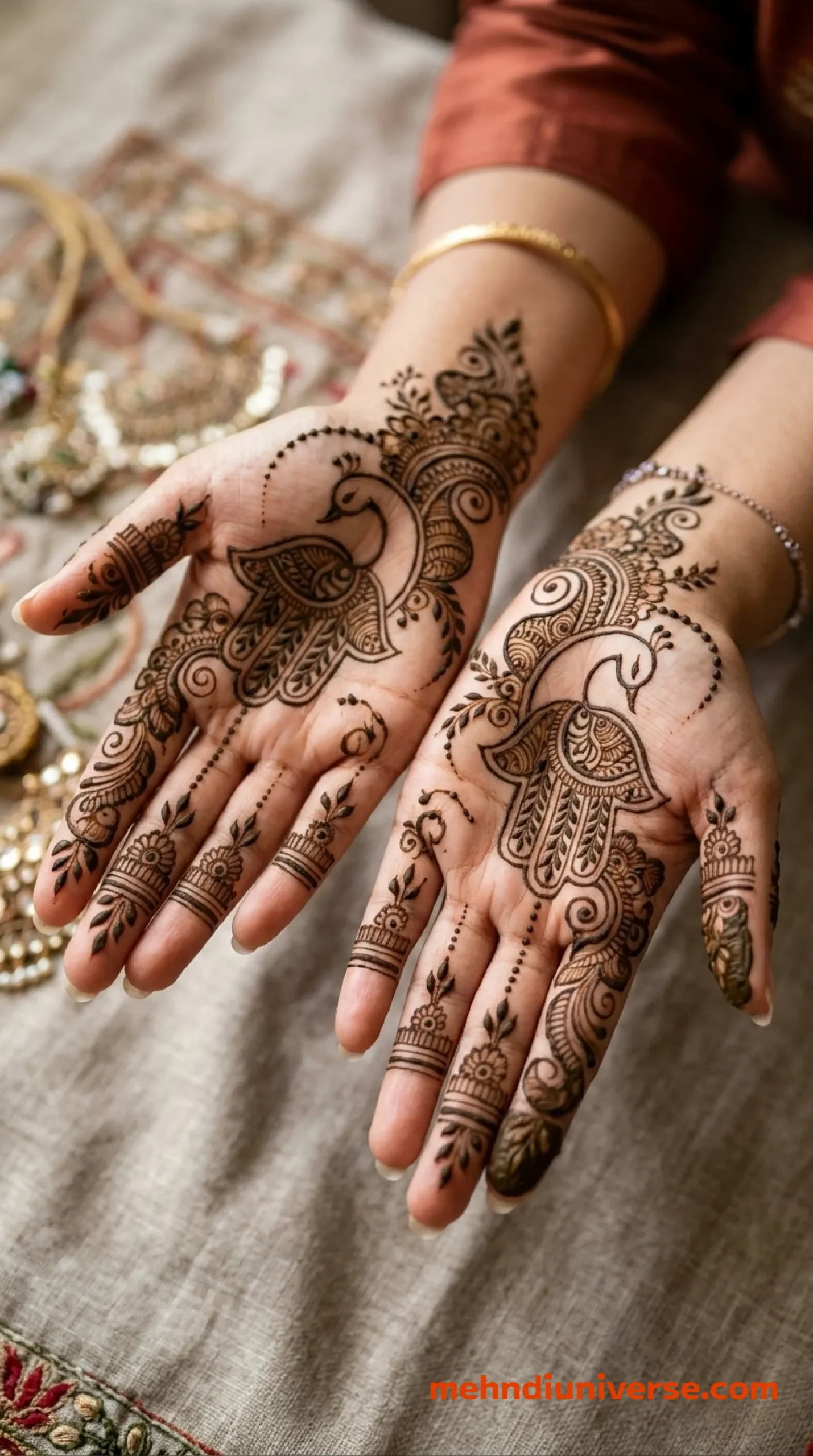Simple beautiful mehndi design with peacock splendor pattern on wedding hands 27