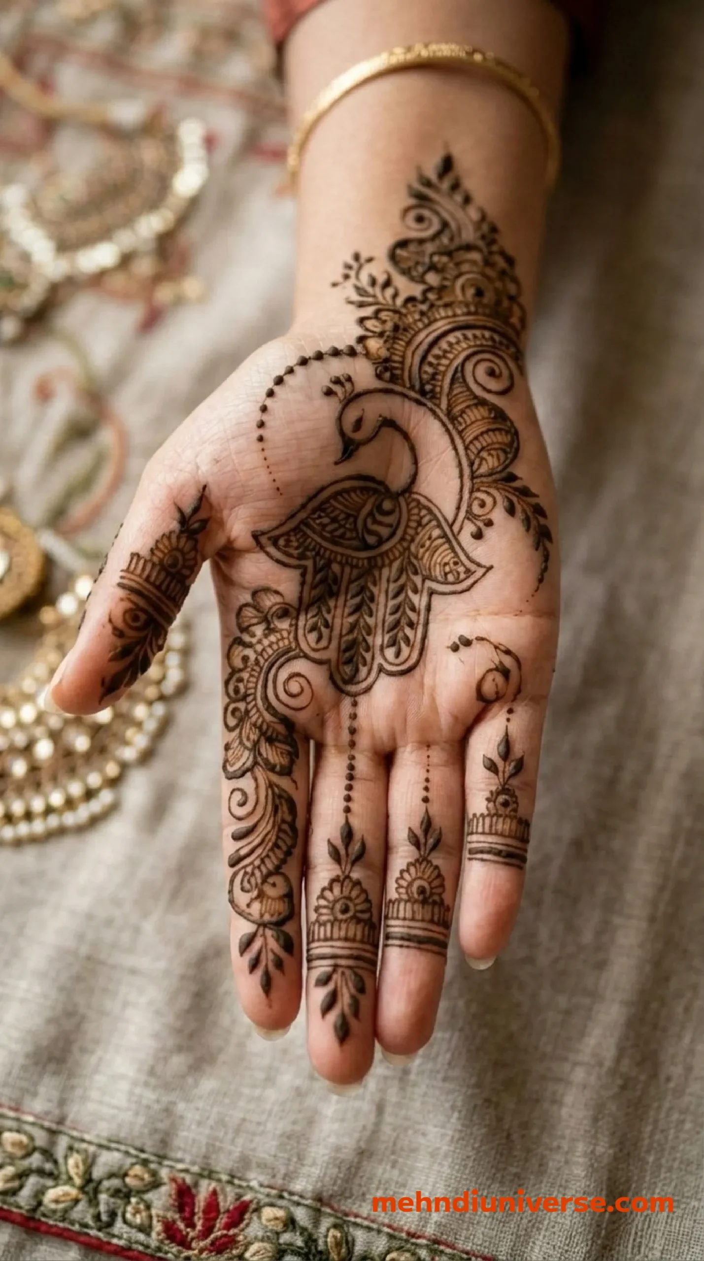 Simple beautiful mehndi design with peacock splendor pattern on wedding hands 27 v2
