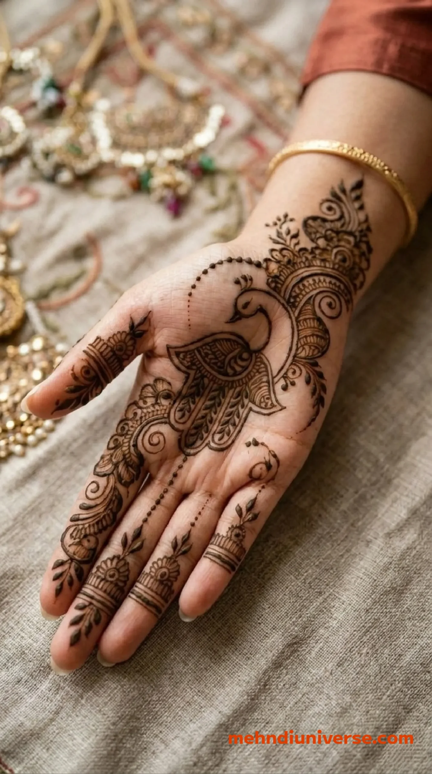Simple beautiful mehndi design with peacock splendor pattern on wedding hands 27 v1