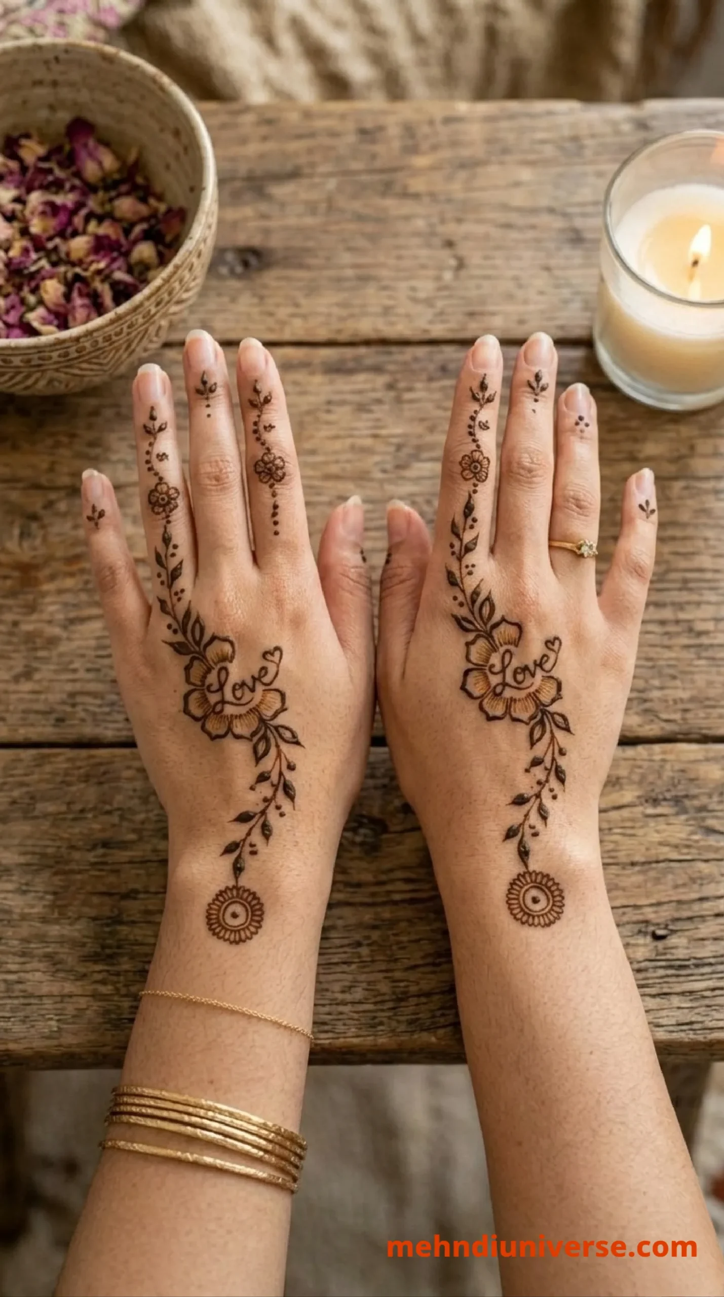 Simple mehndi design with lovely floral vine pattern on back hands 32