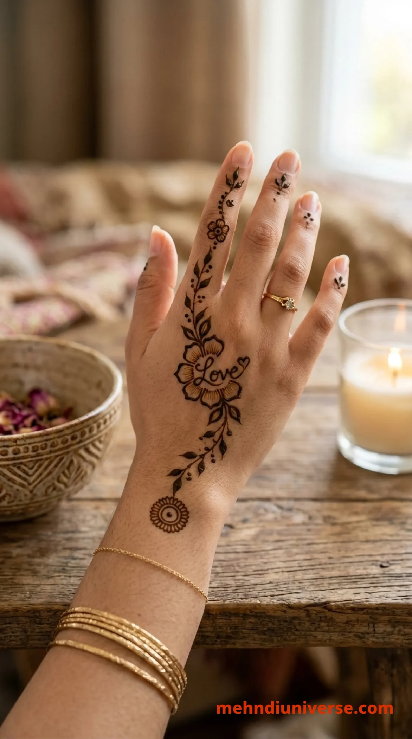 Simple mehndi design with lovely floral vine pattern on back hands 32 v2