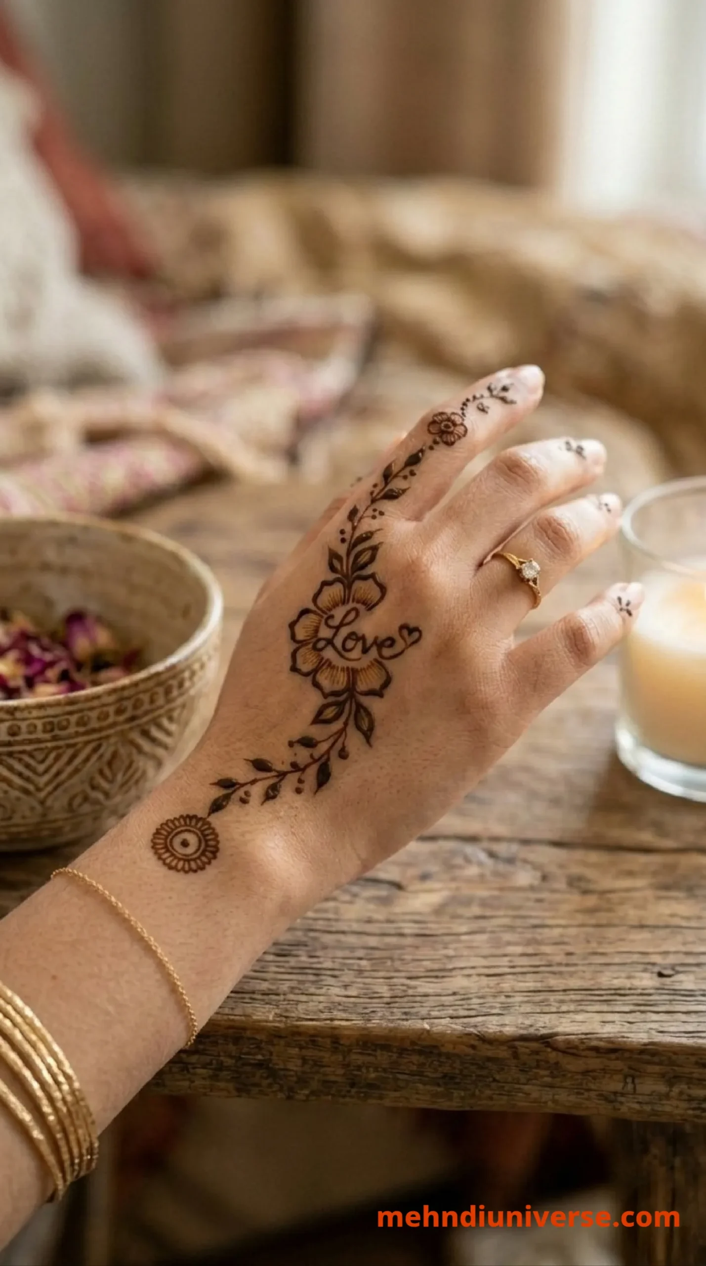Simple mehndi design with lovely floral vine pattern on back hands 32 v1