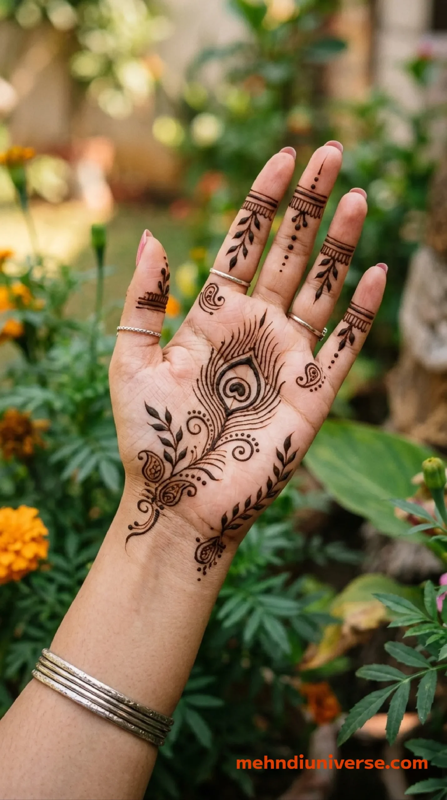 Simple mehndi design with peacock feather pattern on front hands 23 v2