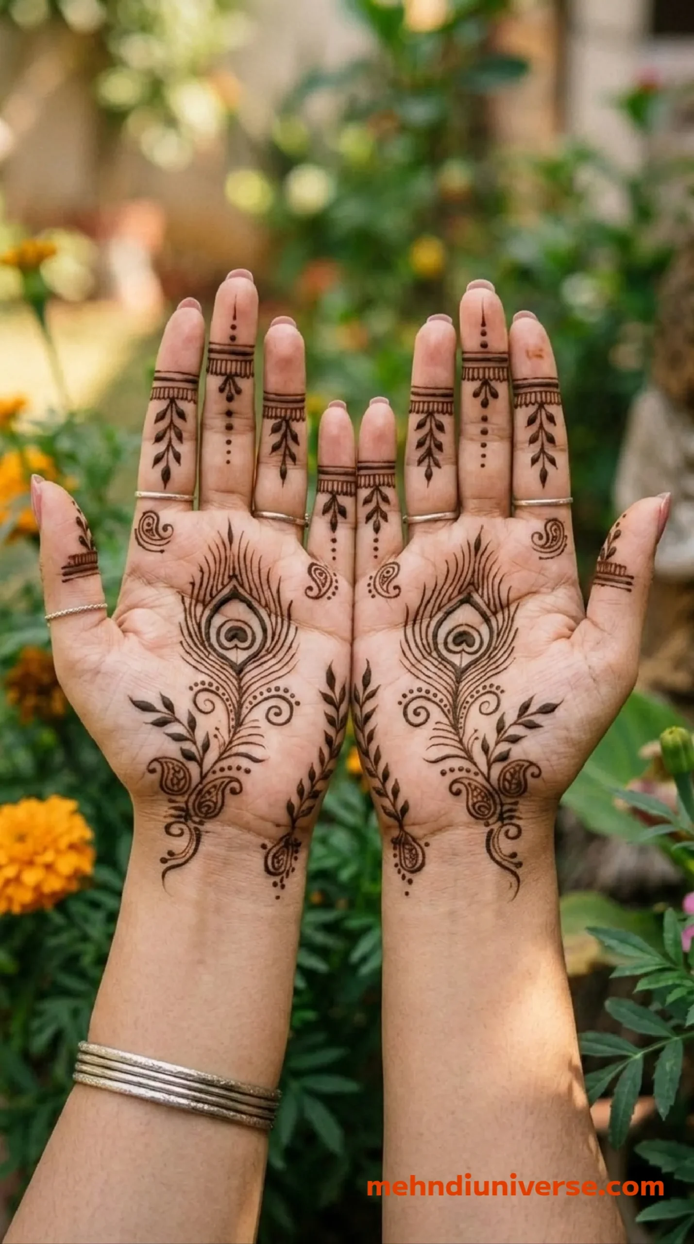 Simple mehndi design with peacock feather pattern on front hands 23
