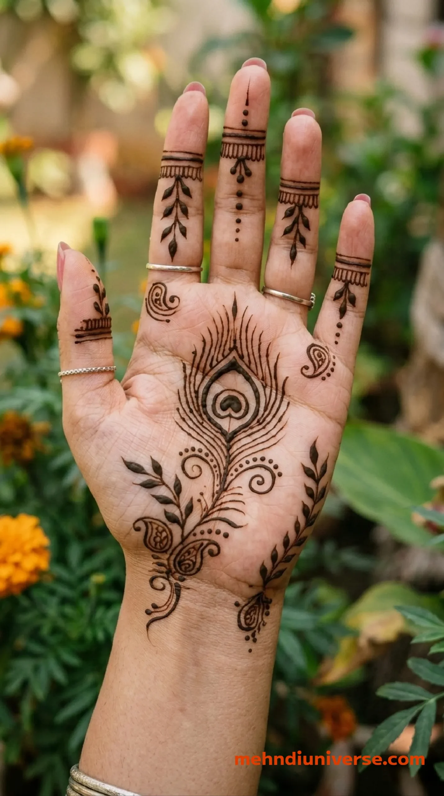 Simple mehndi design with peacock feather pattern on front hands 23 v1