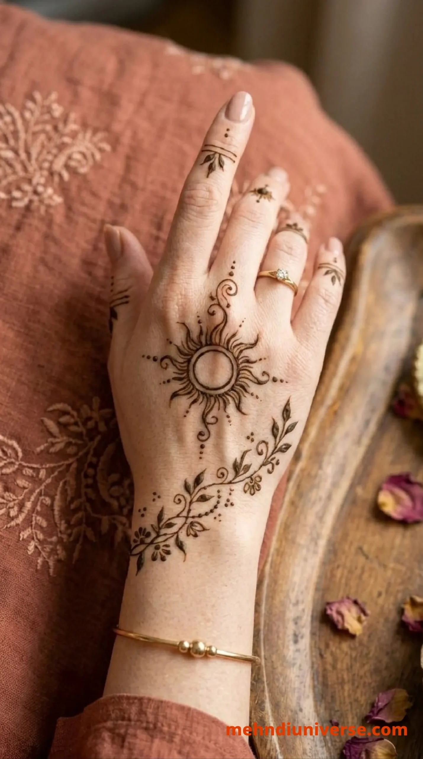Simple mehndi design with radiant sun vine pattern on hands 35 v1