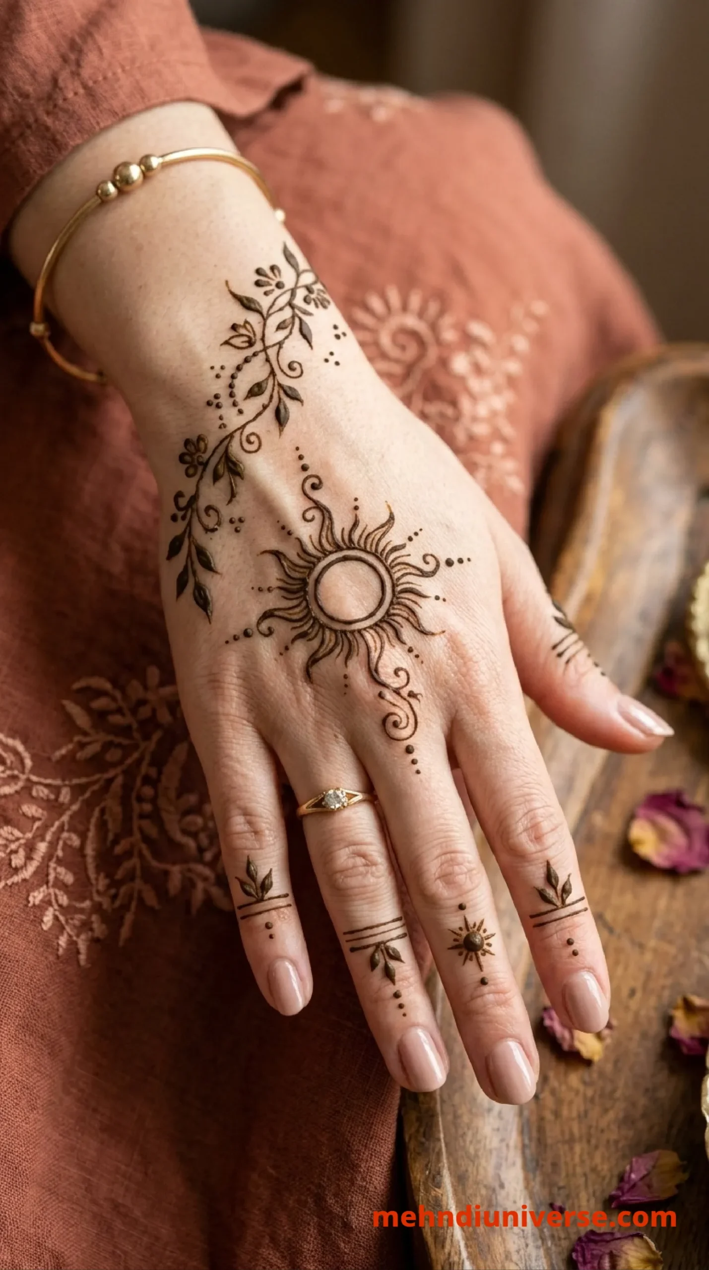 Simple mehndi design with radiant sun vine pattern on hands 35 v2