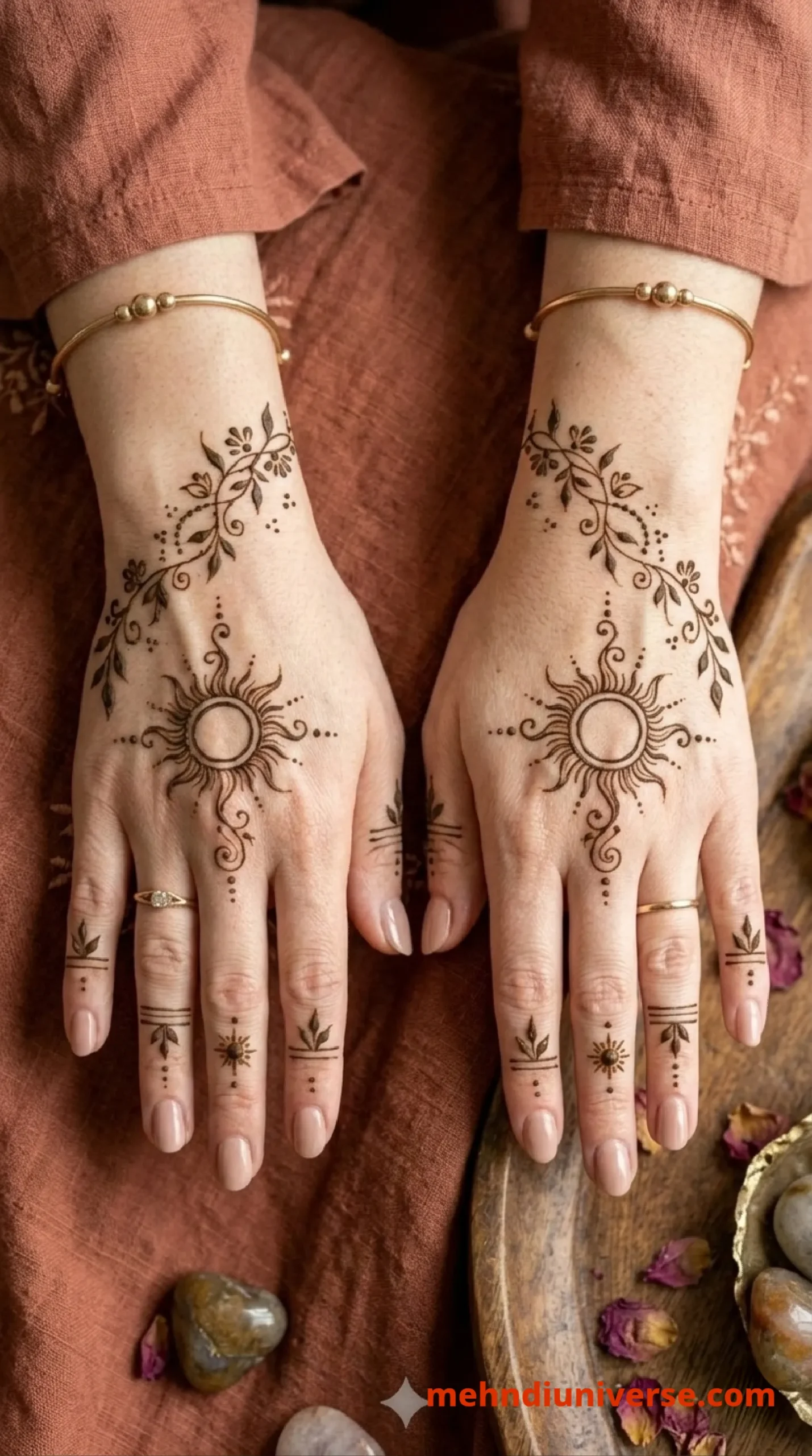 Simple mehndi design with radiant sun vine pattern on hands 35