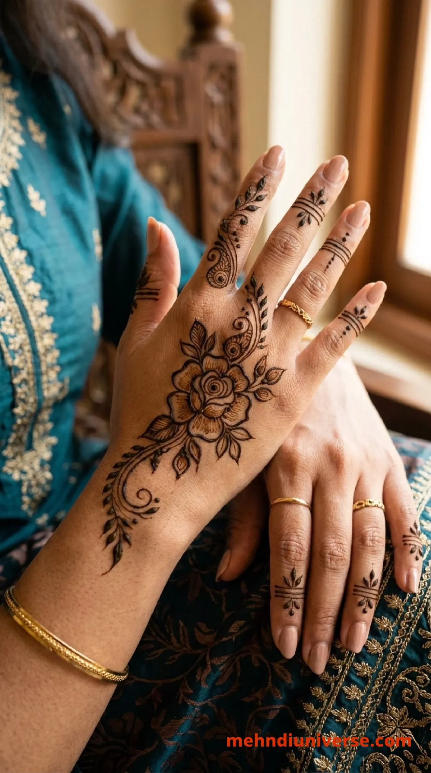Simple romantic mehndi design with rose vine pattern on back hands 30 v2