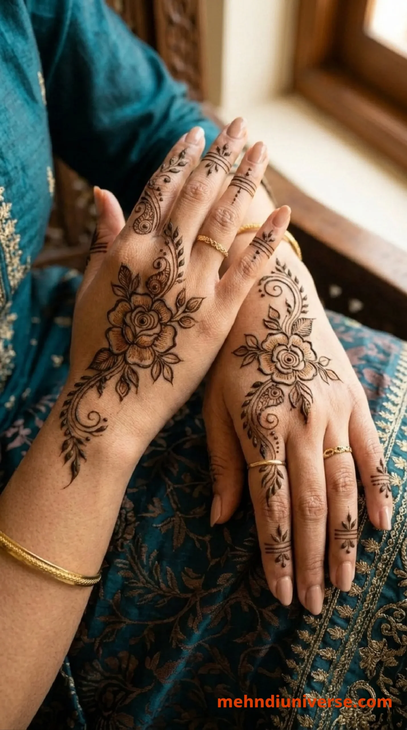 Simple romantic mehndi design with rose vine pattern on back hands 30