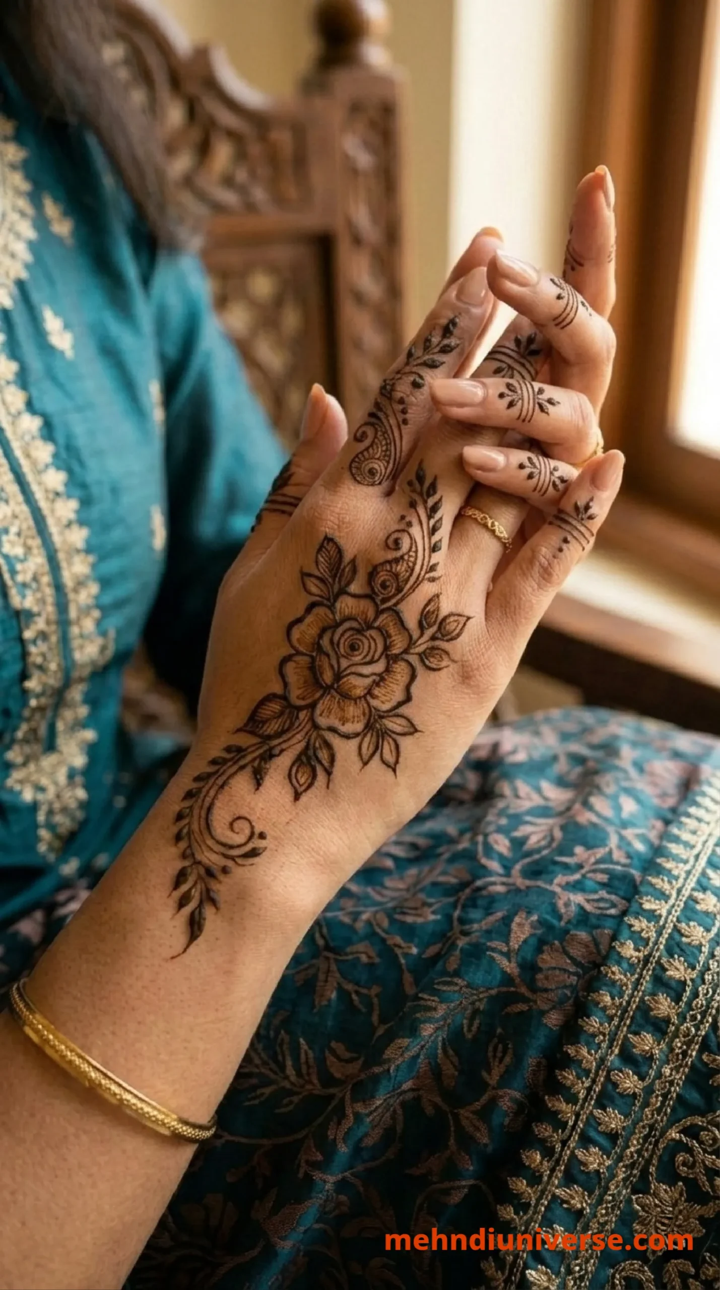 Simple romantic mehndi design with rose vine pattern on back hands 30 v1