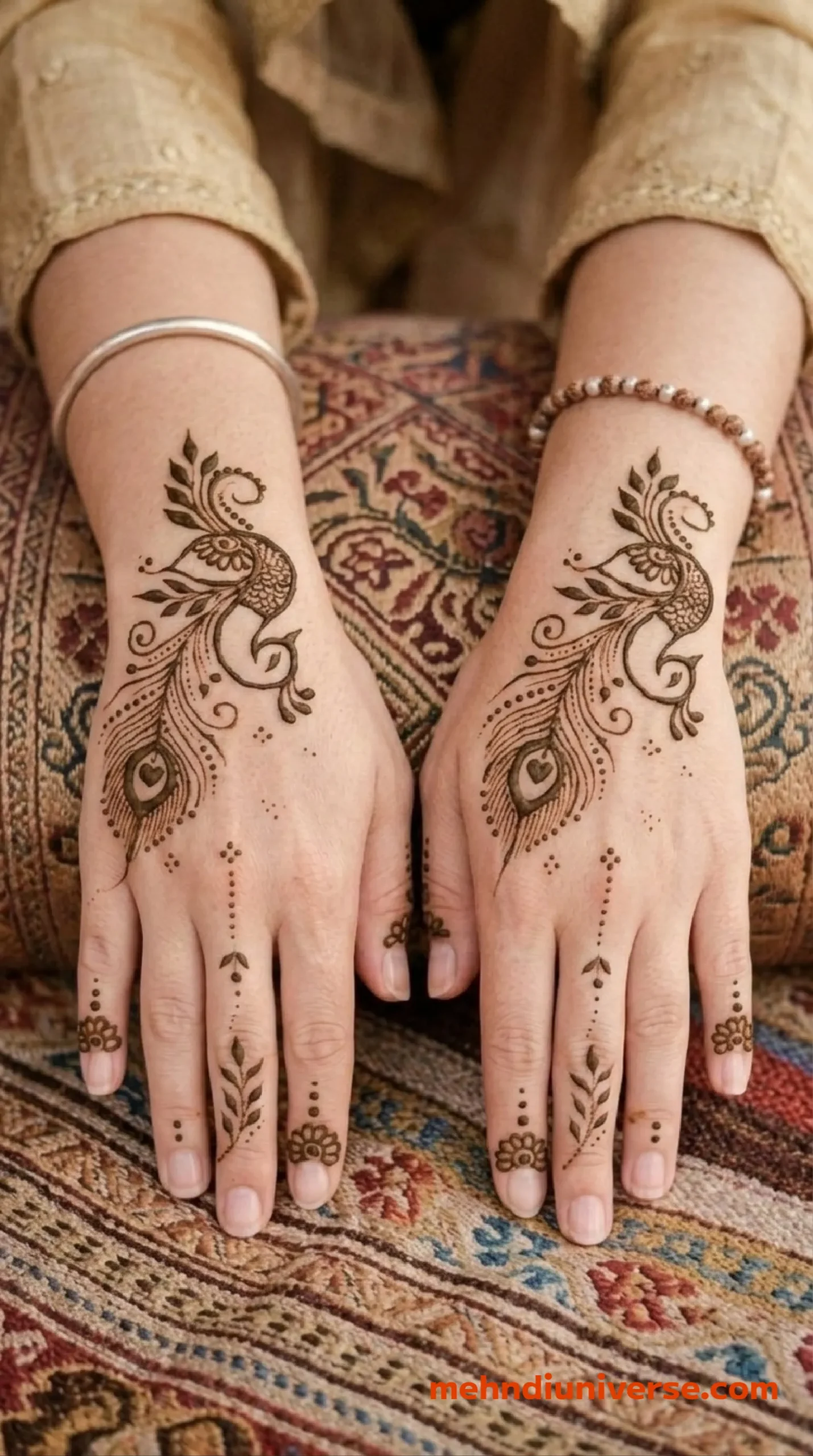 Simple royal mehndi design with peacock feather pattern on front hands 24 v1