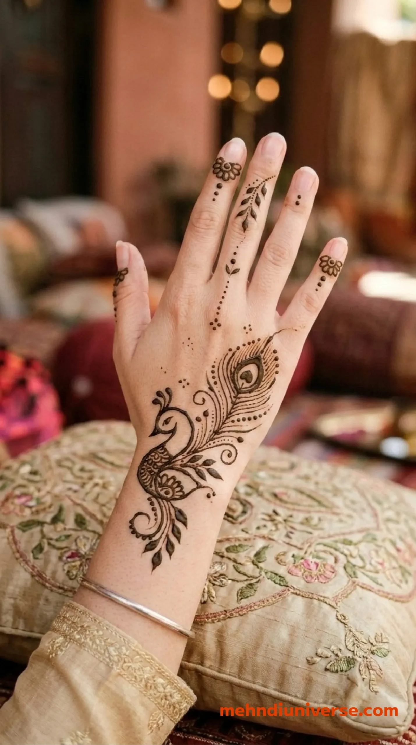 Simple royal mehndi design with peacock feather pattern on front hands 24 v2