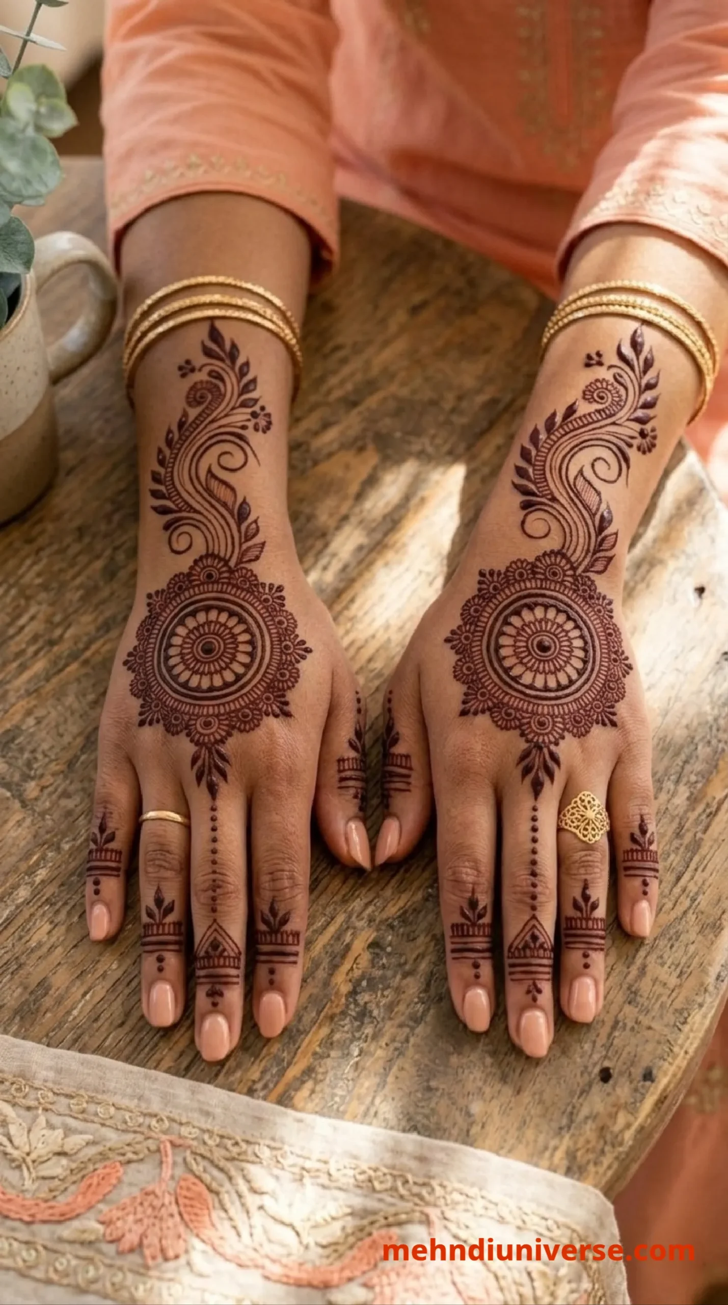 Simple symmetrical mehndi design with floral mandala pattern on back hands 29 v1