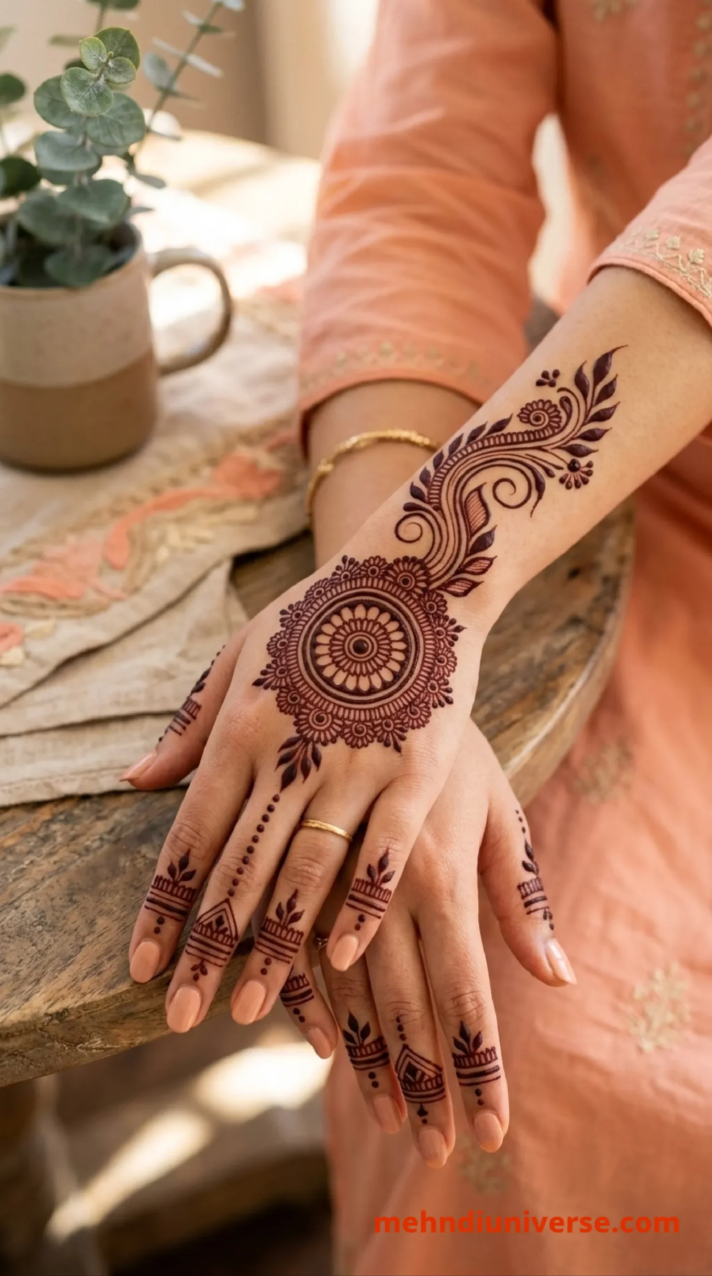 Simple symmetrical mehndi design with floral mandala pattern on back hands 29 v2