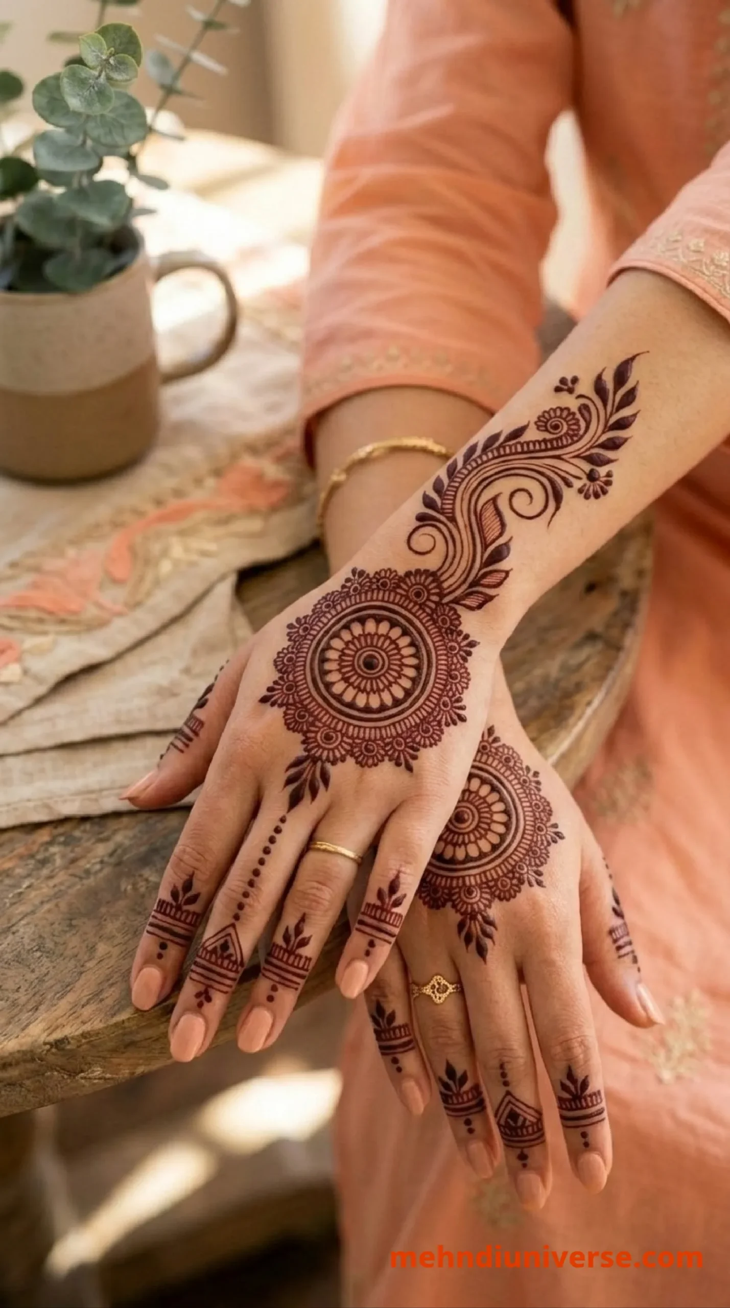 Simple symmetrical mehndi design with floral mandala pattern on back hands 29