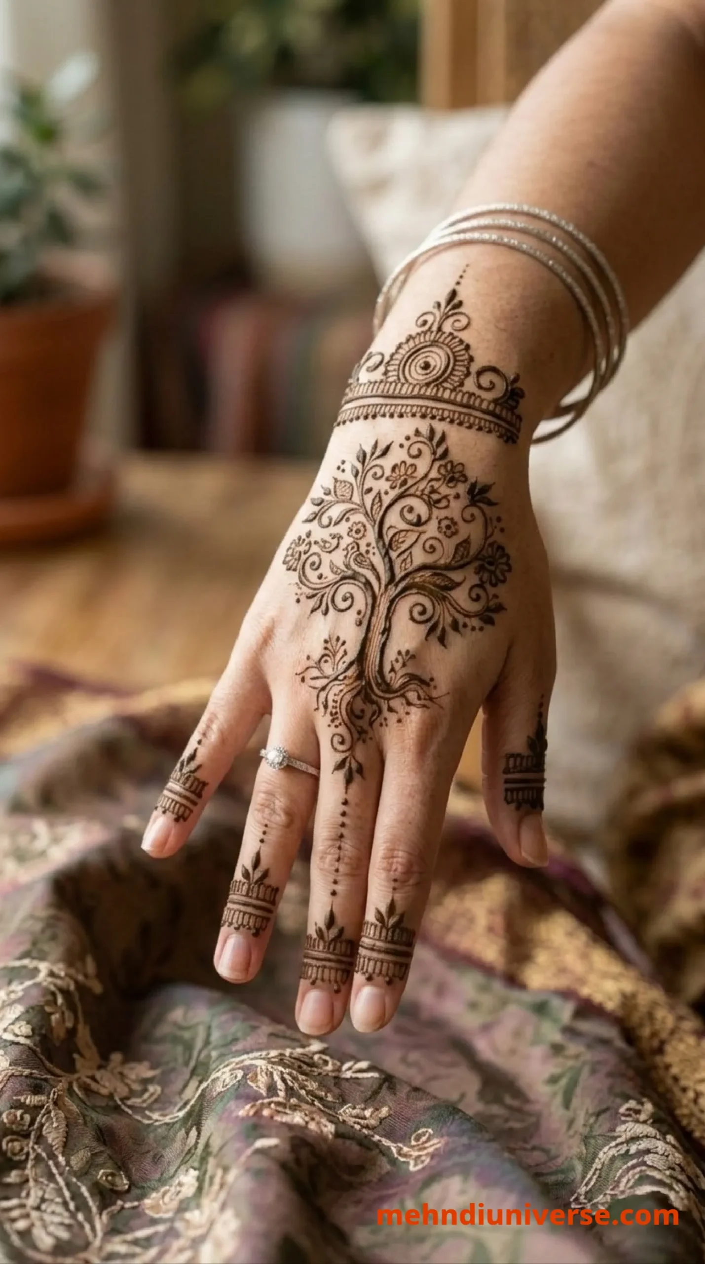 Simple mehndi design with tree of life floral pattern on back hands 34 v2