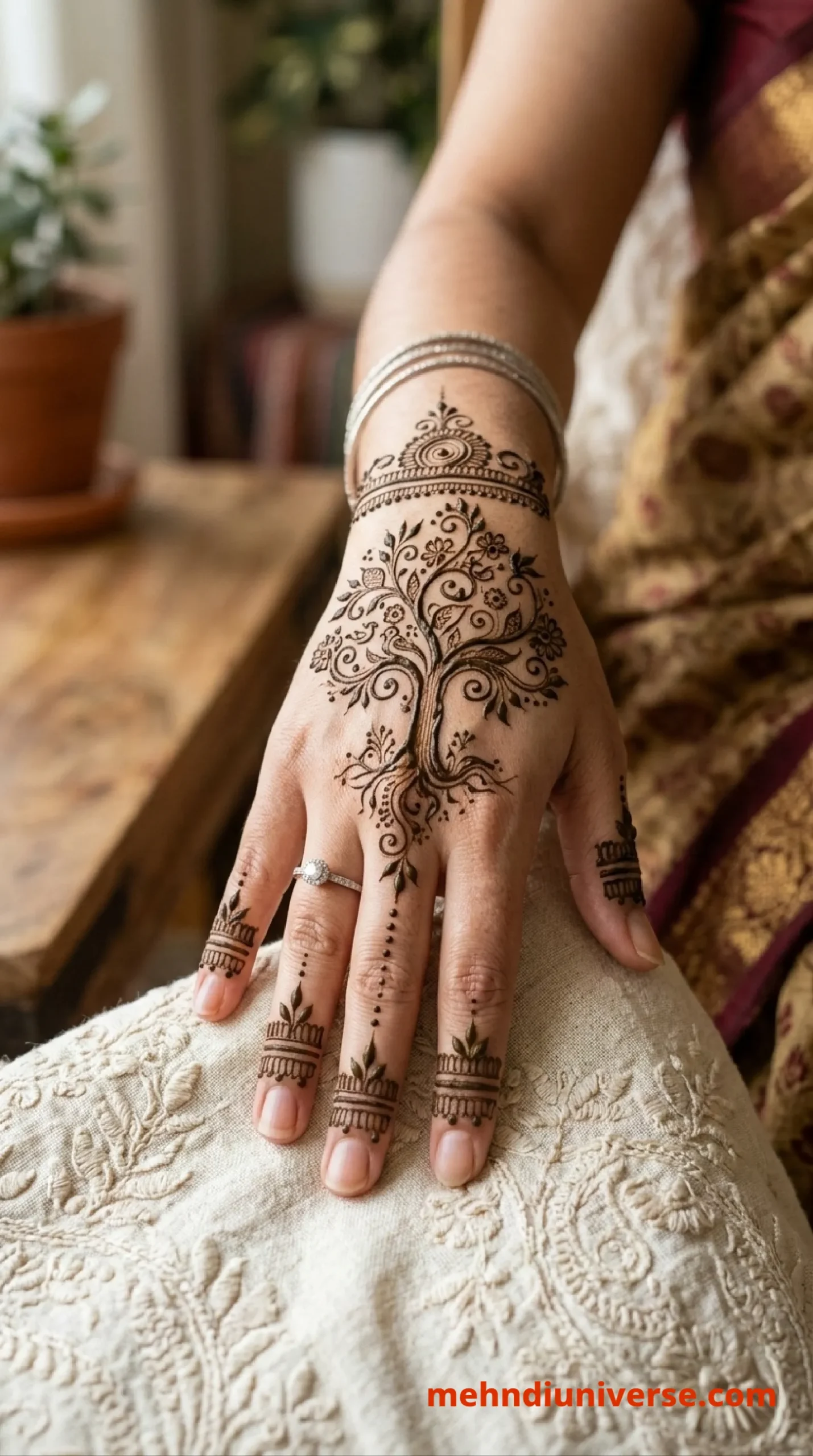 Simple mehndi design with tree of life floral pattern on back hands 34 v1