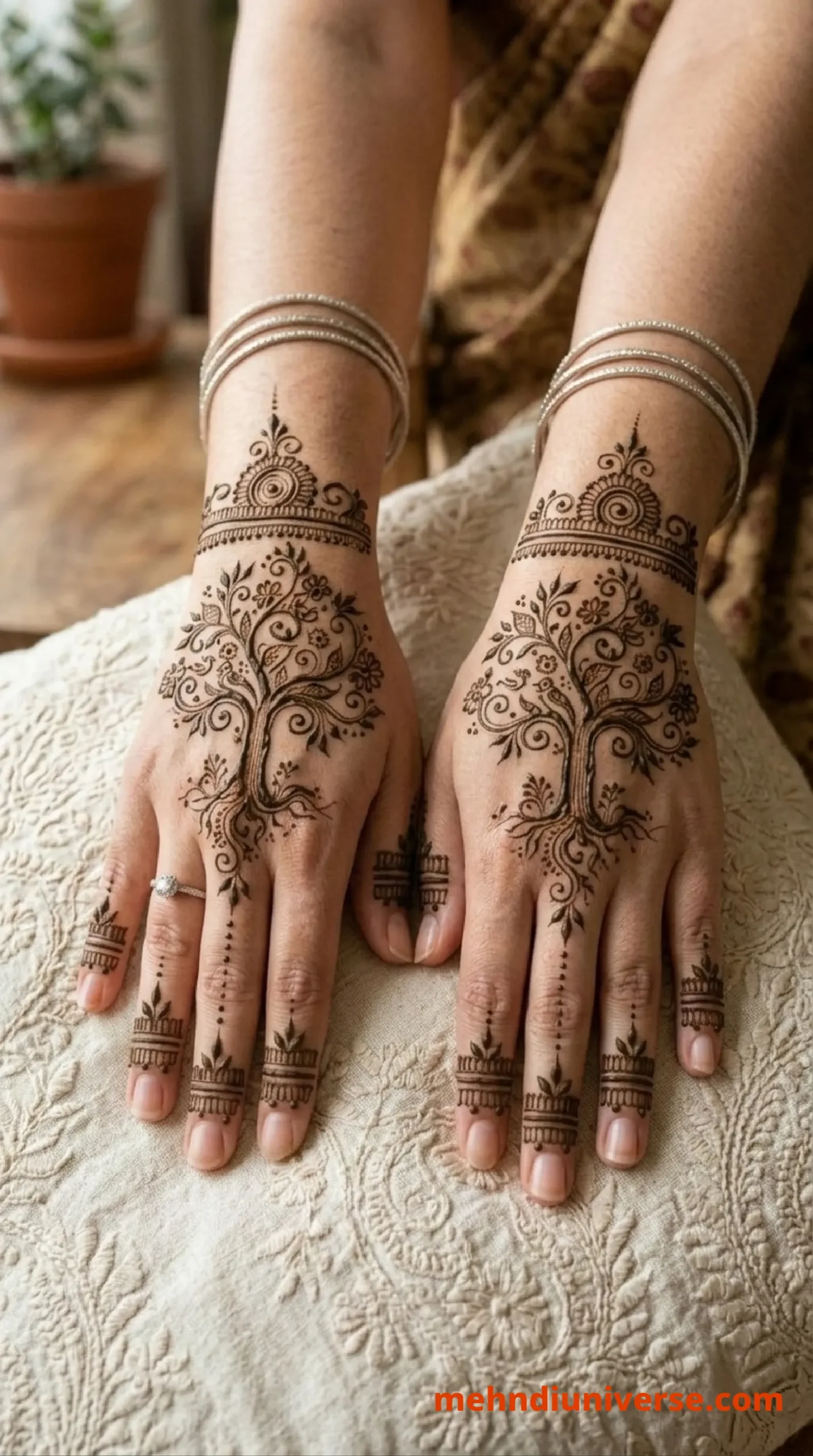 Simple mehndi design with tree of life floral pattern on back hands 34