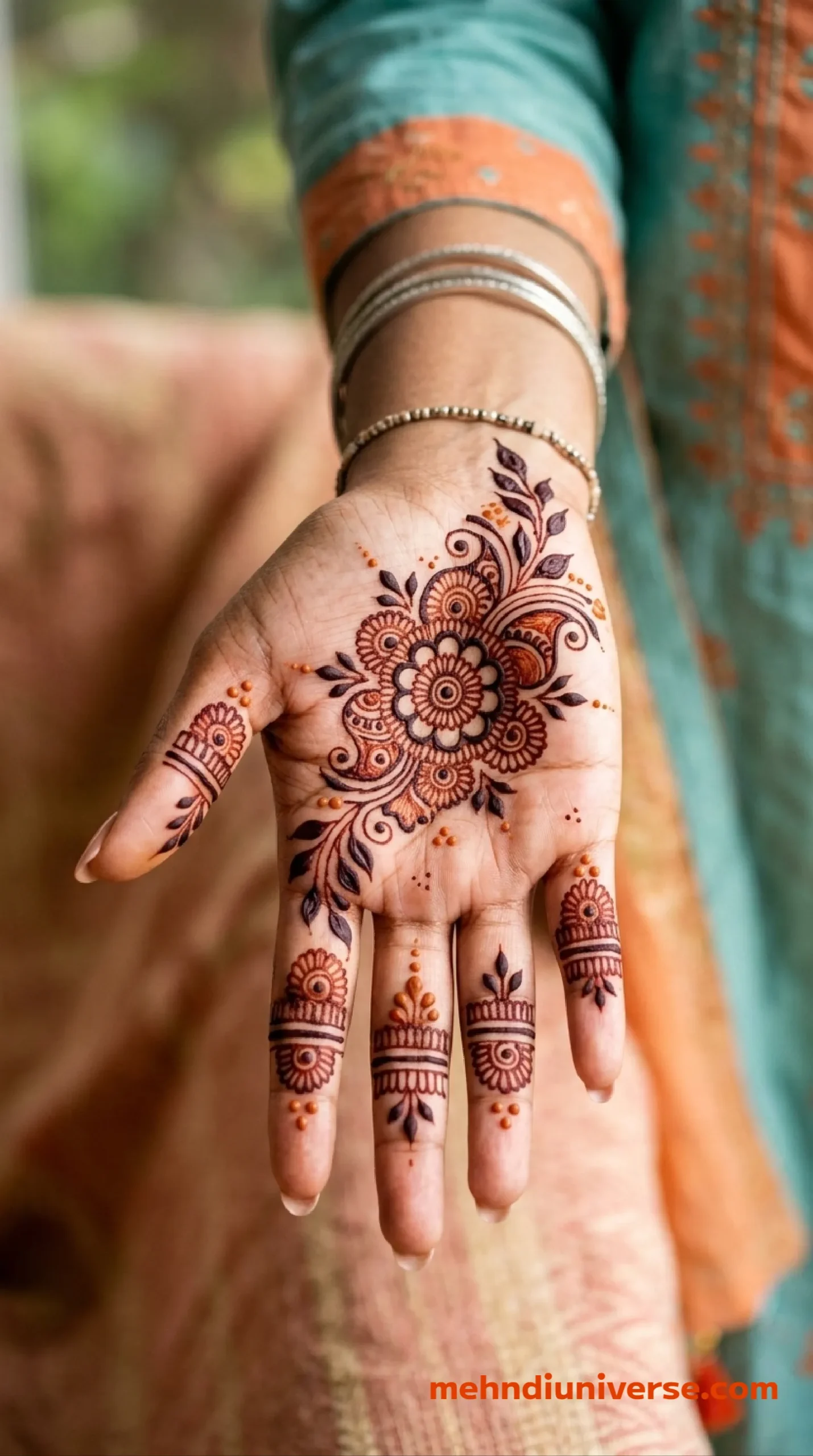 Simple vibrant mehndi design with floral mandala pattern on front hands 26