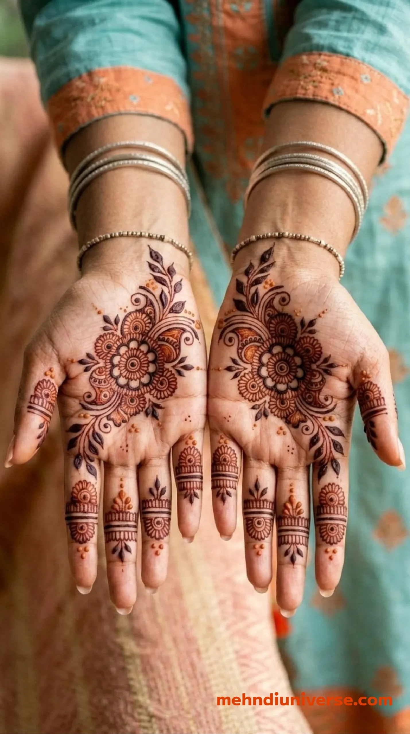 Simple vibrant mehndi design with floral mandala pattern on front hands 26 v1
