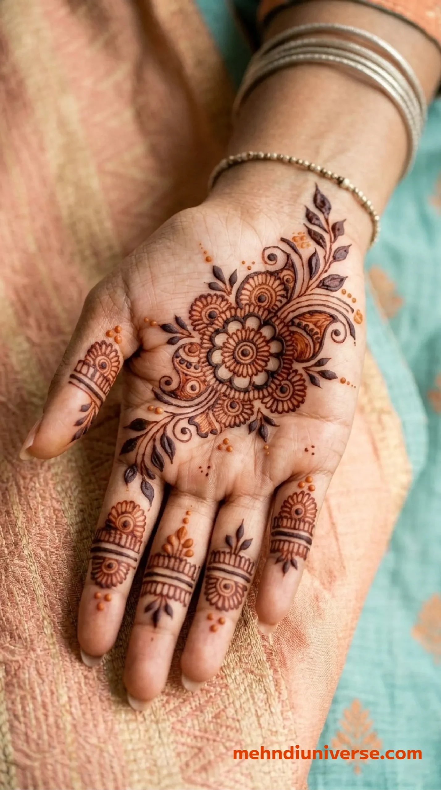 Simple vibrant mehndi design with floral mandala pattern on front hands 26 v2