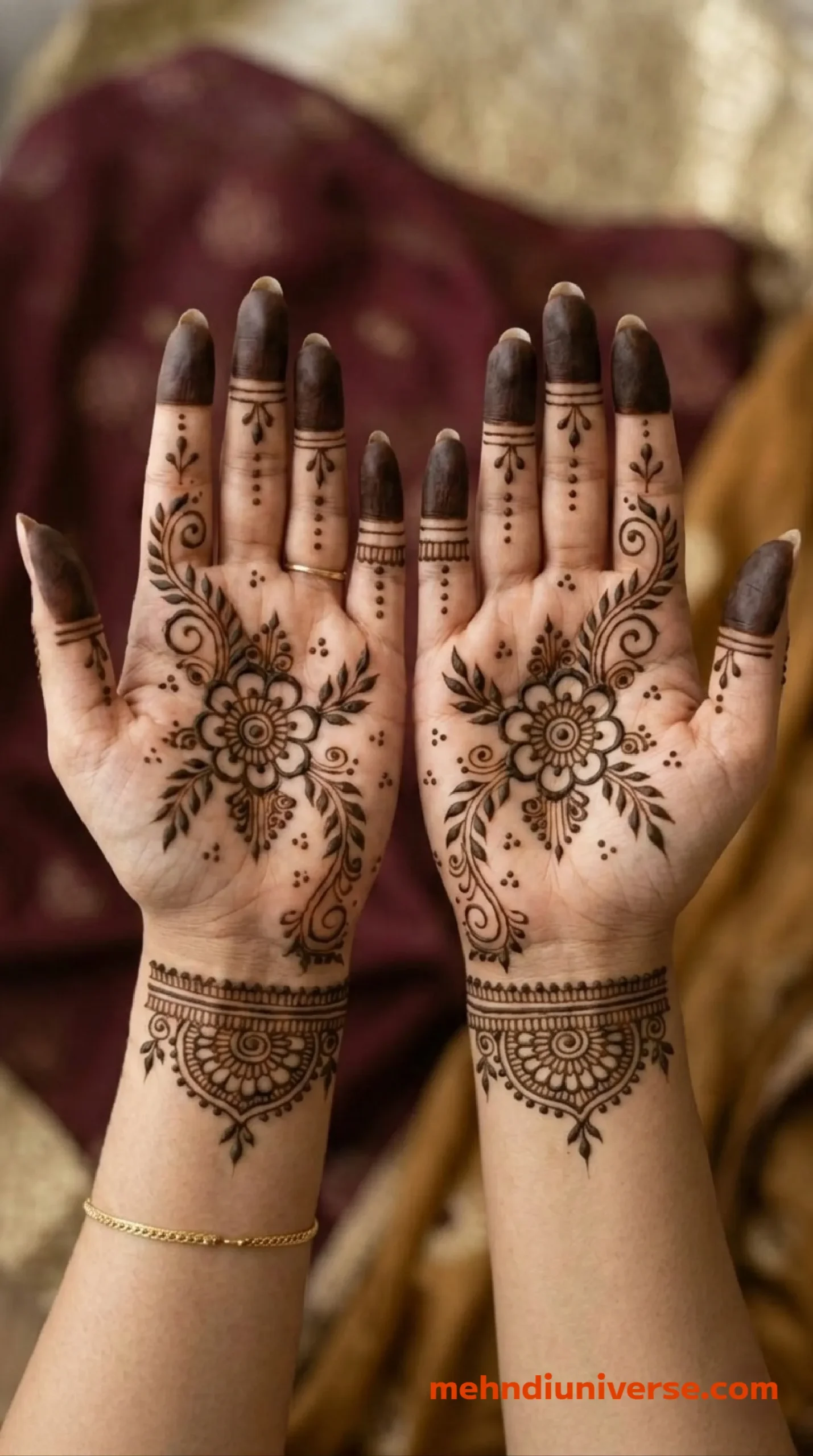 Simple vintage mehndi design with floral symphony pattern on hands 25
