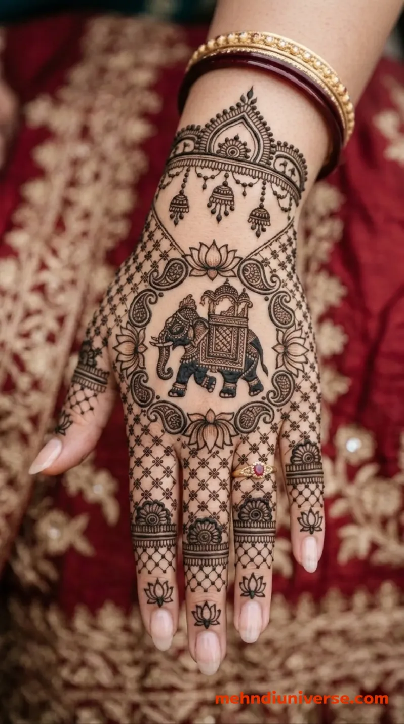 Bridal mehndi design with royal elephant pattern on hands 8 v2